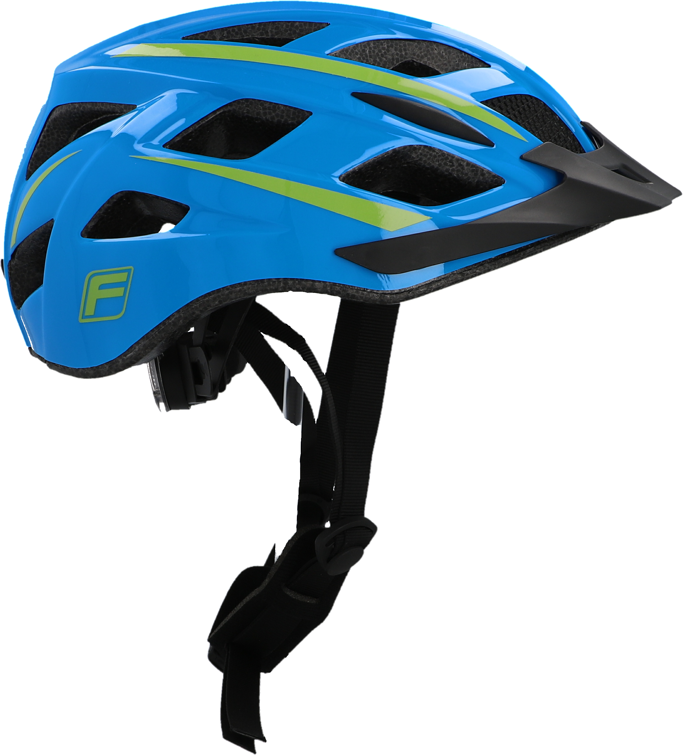 Blauer Fahrradhelm mit grünen Streifen und einem schwarzen Visier.