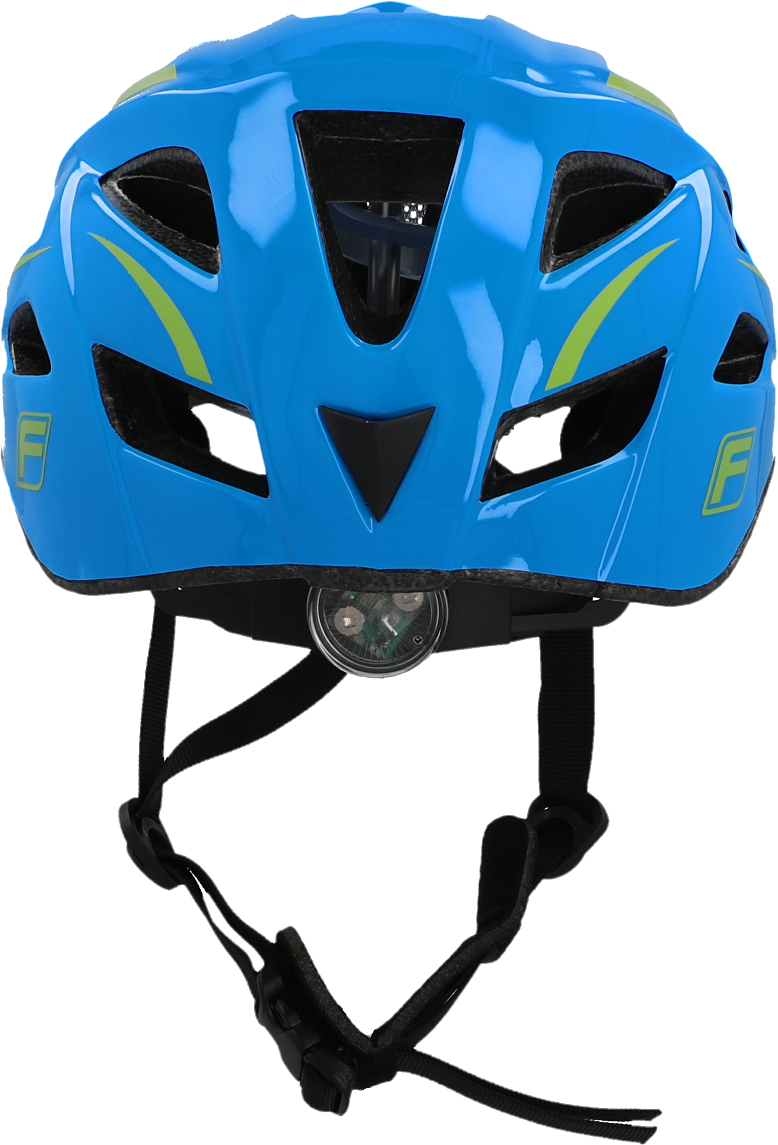 Blauer Fahrradhelm mit grünen Akzenten und einem Licht. Der Helm hat den Buchstaben F.