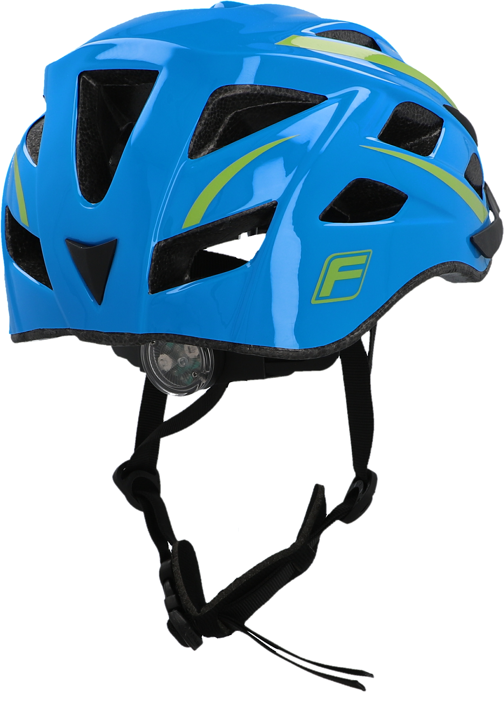 Blauer Fahrradhelm mit grünen Akzenten und schwarzen Riemen.