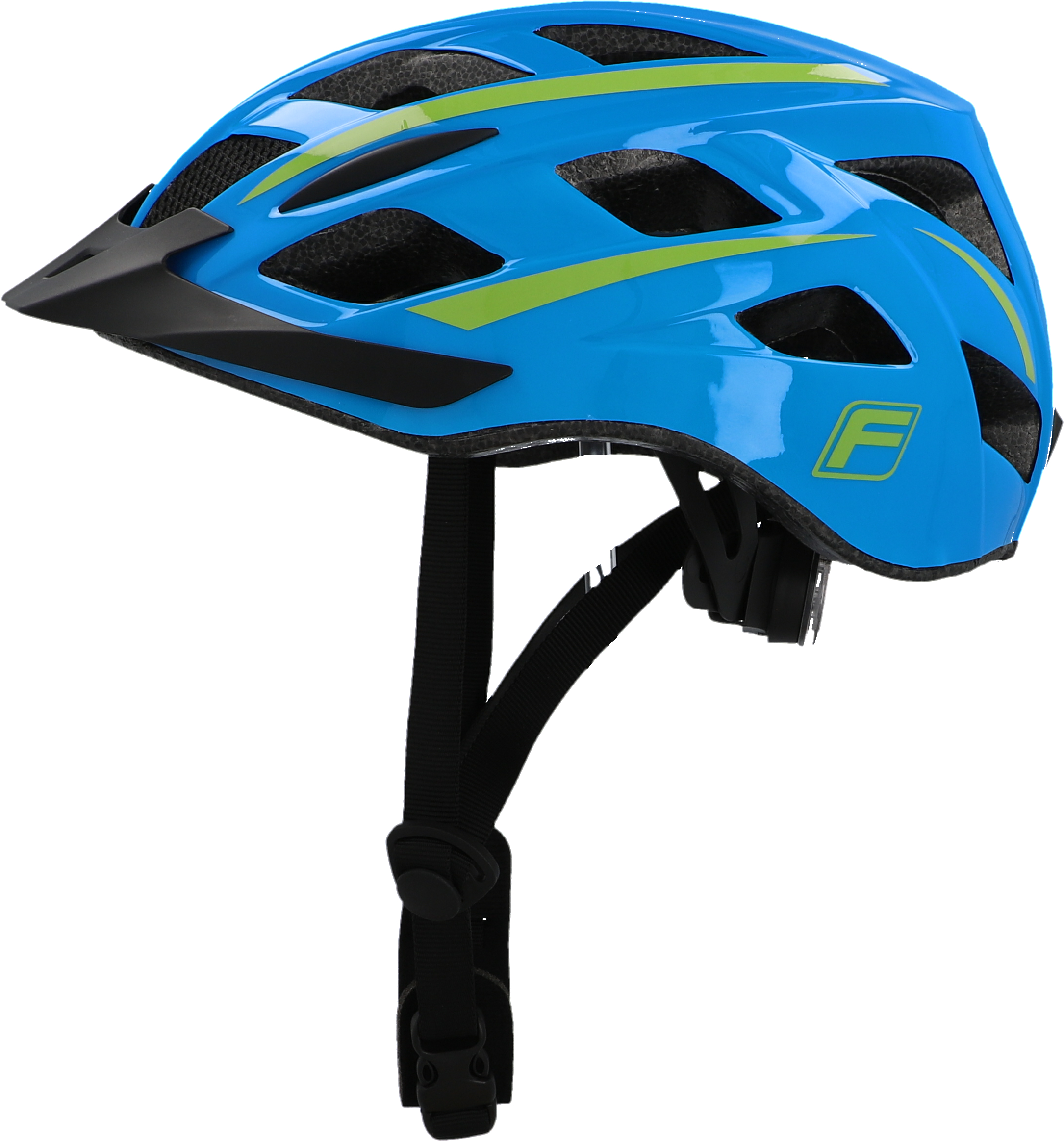 Blau-schwarzer Fahrradhelm. Er hat ein Visier und einen Riemen. Grüne und gelbe Streifen oben.