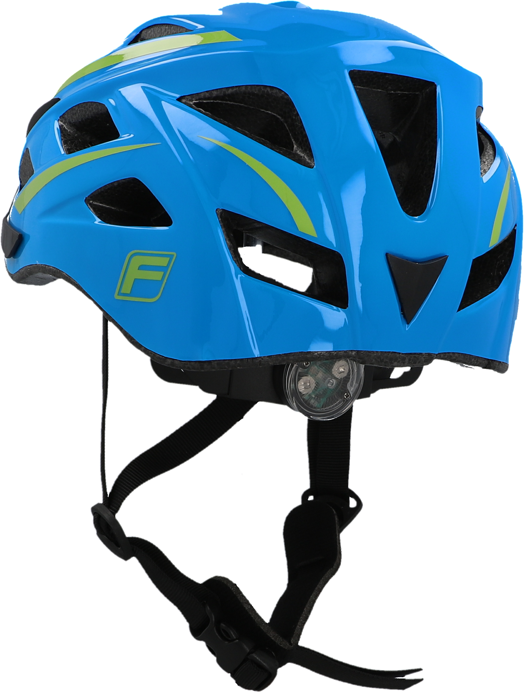 Blauer Fahrradhelm mit grünen Akzenten und Rücklicht auf weißem Hintergrund.