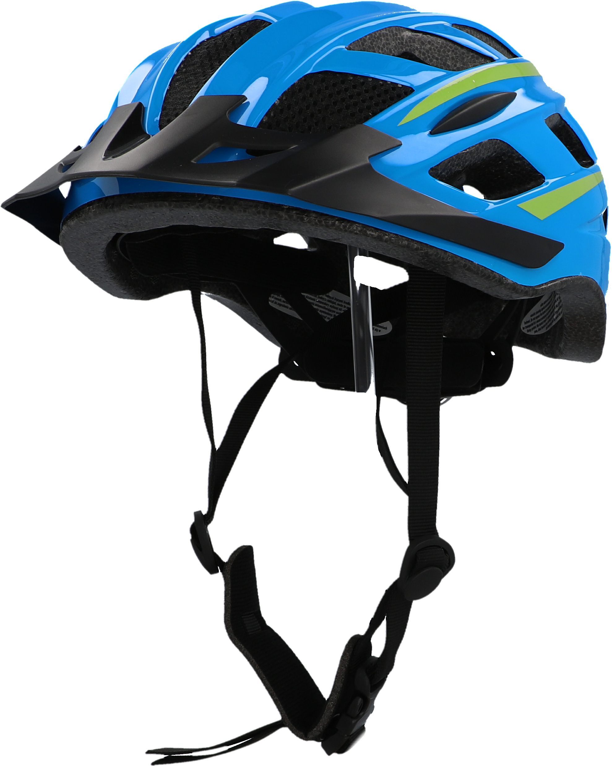 Blauer Fahrradhelm mit schwarzem Visier und Riemen. Der Helm ist im Fokus, weißer Hintergrund.