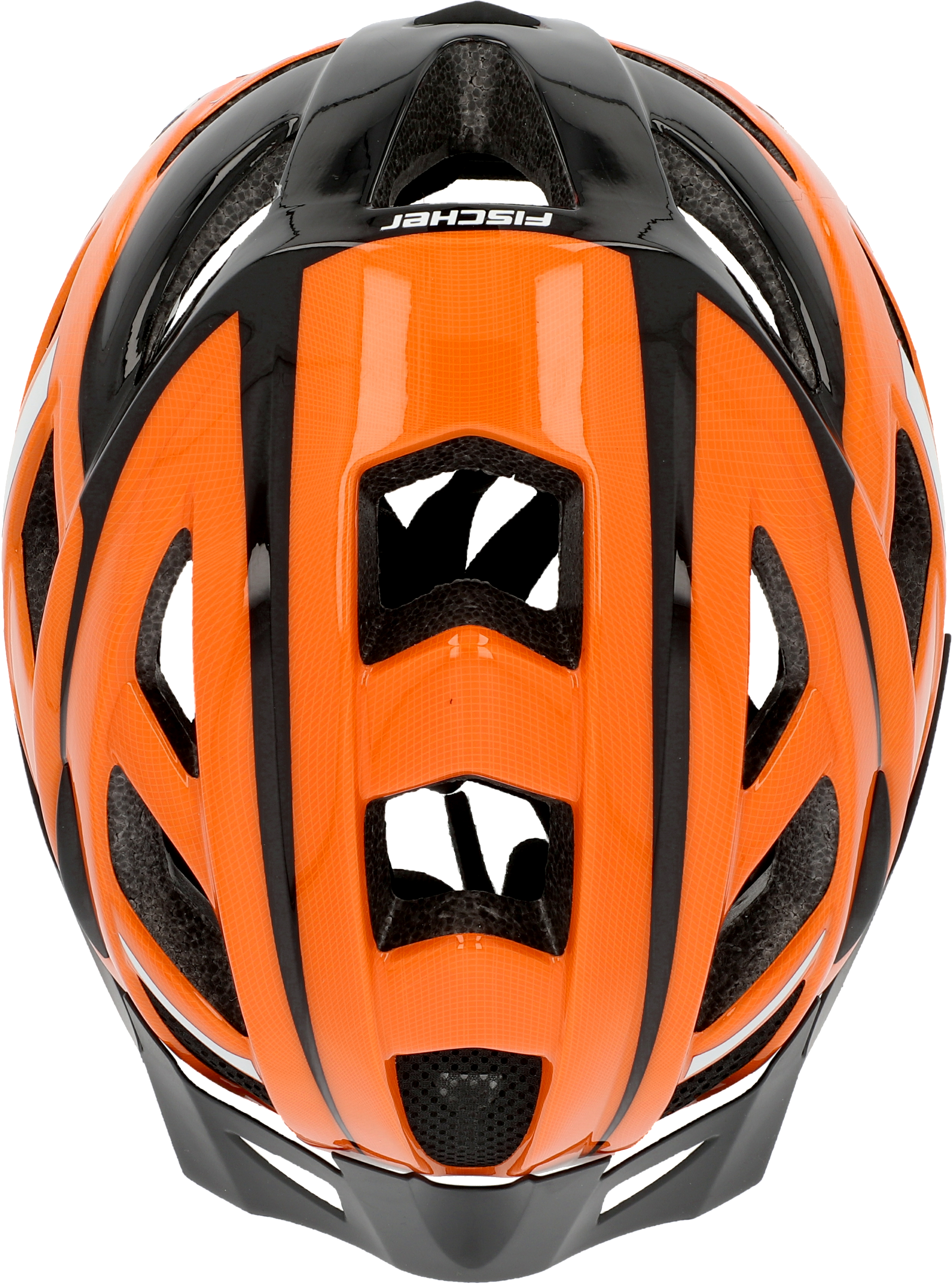 Oranger und schwarzer Fahrradhelm mit der Marke 'FISCHER' sichtbar.