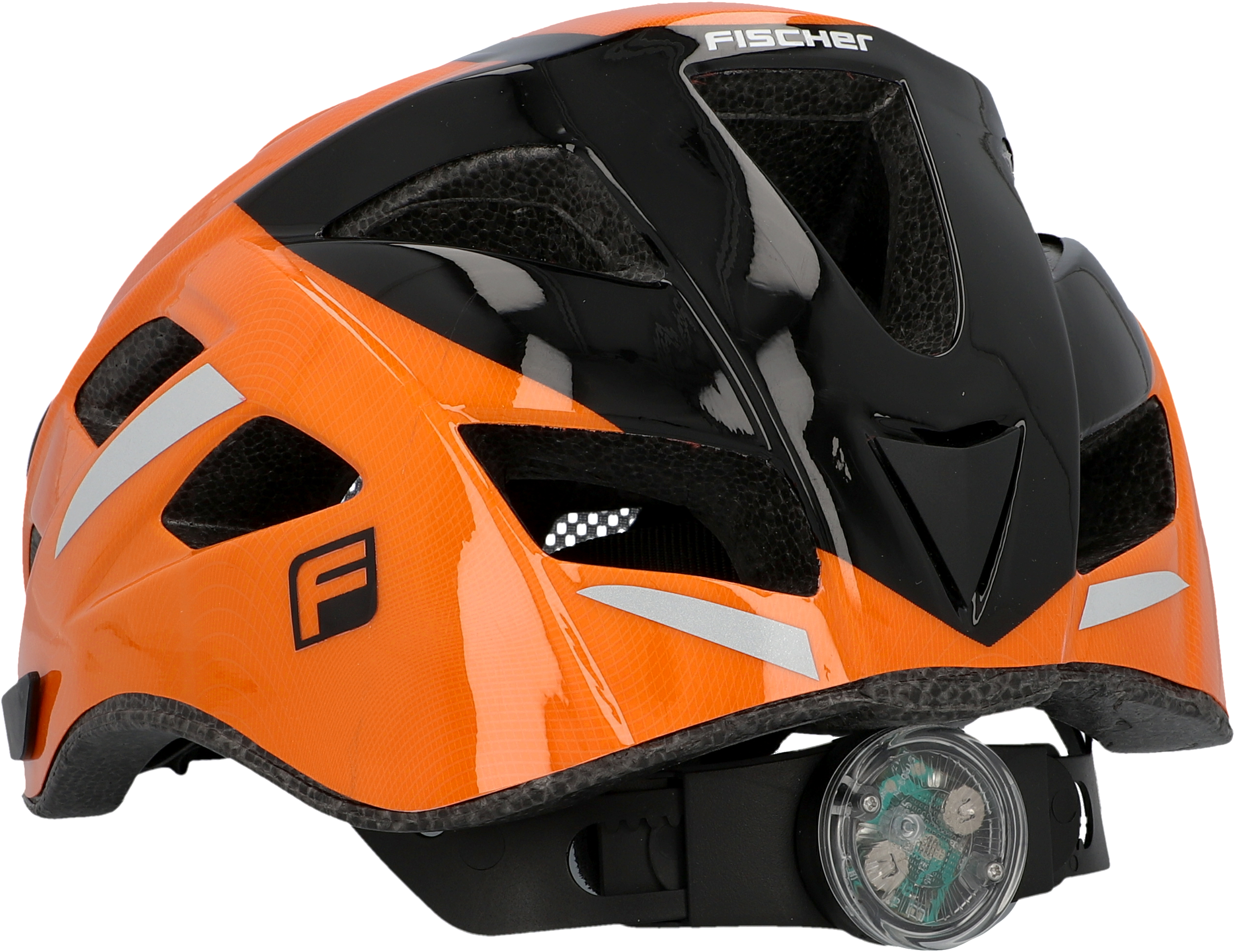 Ein orange-schwarzer Fahrradhelm, mit Lichtern hinten, und dem Buchstaben F.