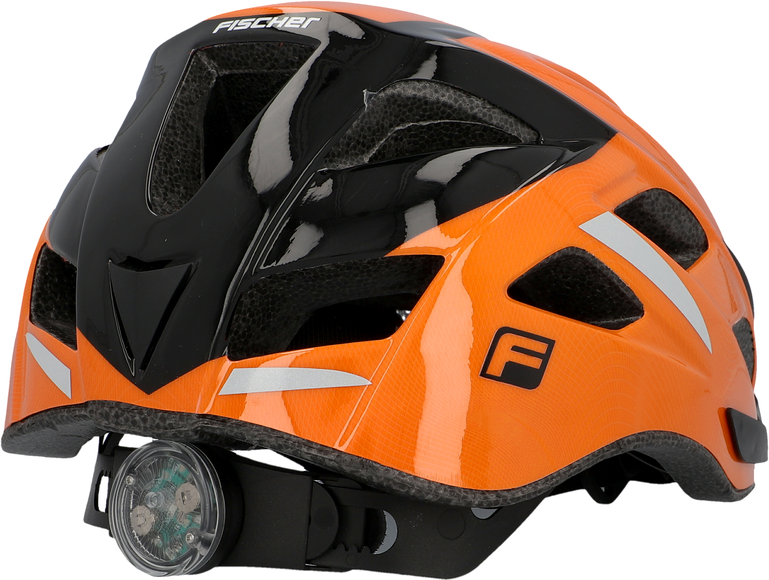 Orangener und schwarzer Fahrradhelm mit Belüftungsöffnungen, Licht und Fischer-Logo.
