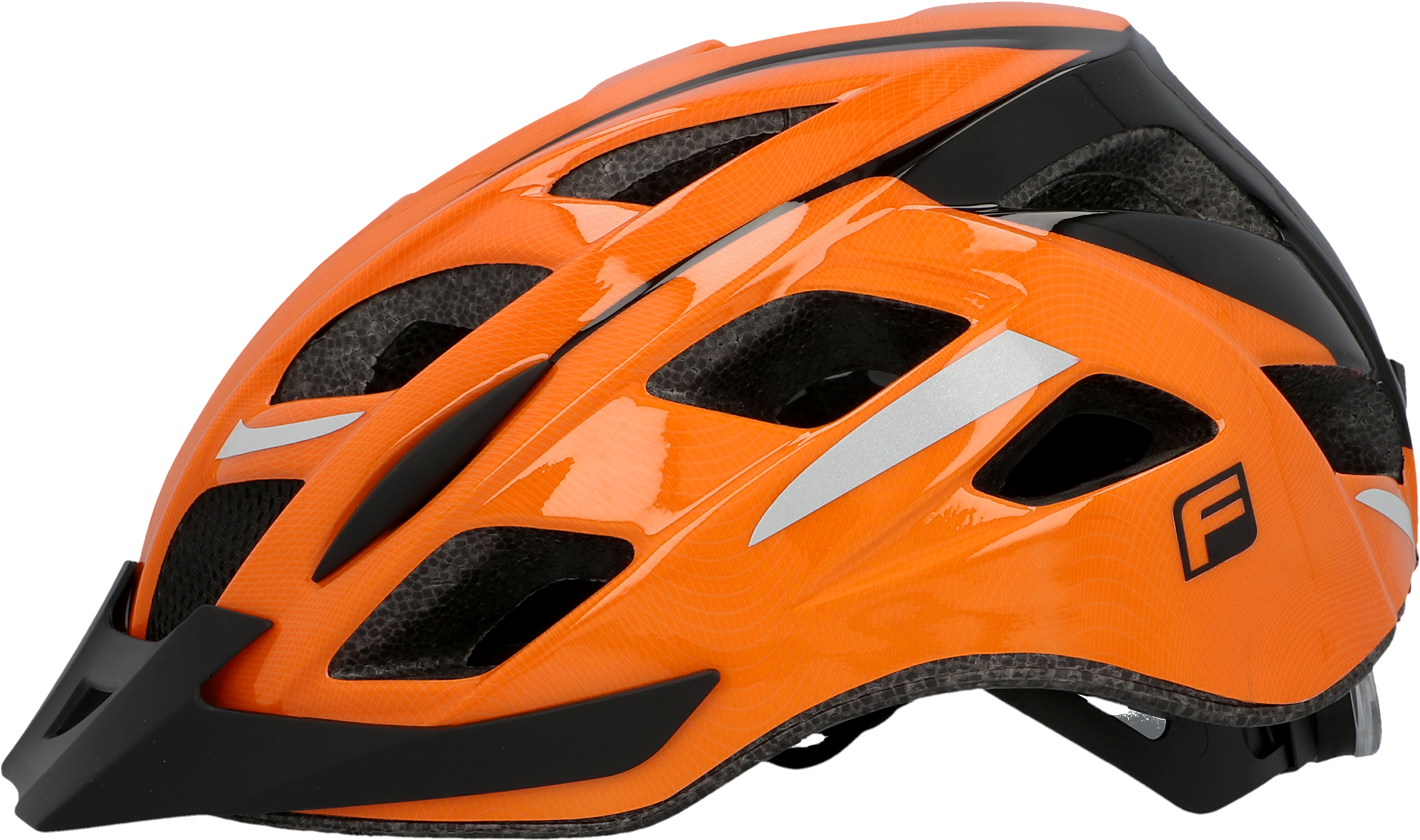Orangener und schwarzer Fahrradhelm. Er hat ein Visier und reflektierende Streifen.