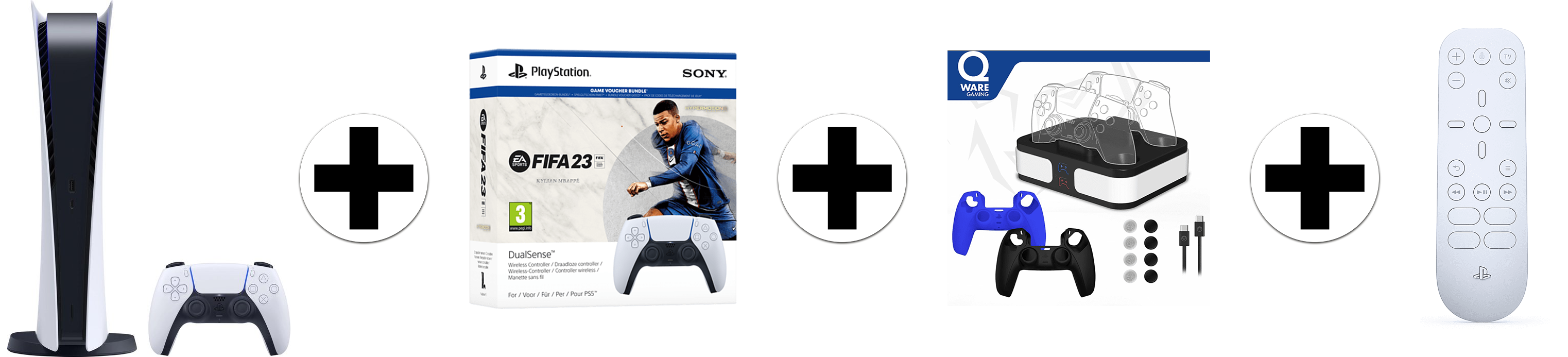 Sony Playstation 5 Digital Edition + Fifa 23 Dualsense Bundel Qware Dual Charging Media Remote