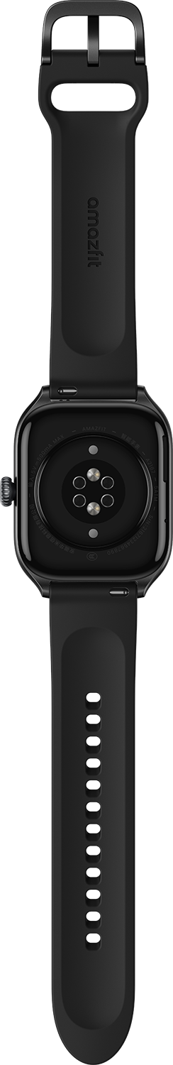 Egy fekete Amazfit okosóra hátulnézete fekete szíjjal és pulzusmérővel.