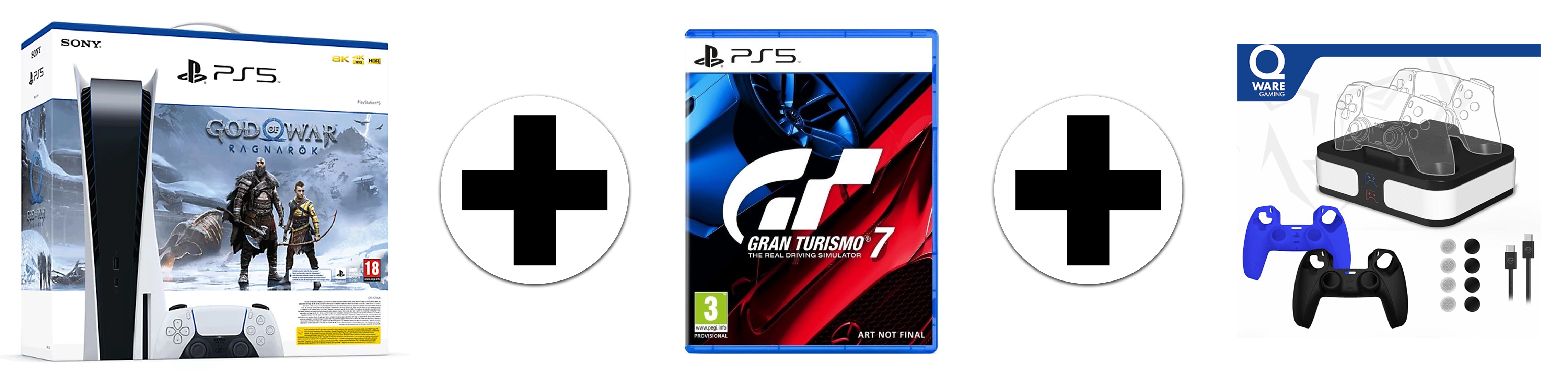 SONY PlayStation 5 Disk Edition + God of War: Ragnarok + Gran Turismo 7 + Qware Dual Charging bundel