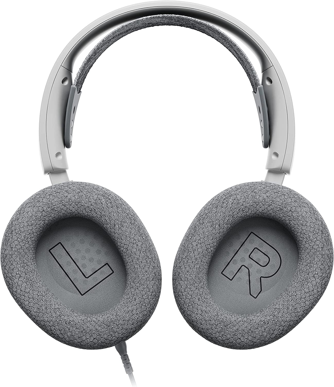 Auriculares blancos con almohadillas grises, marcadas L y R. El cable es visible.