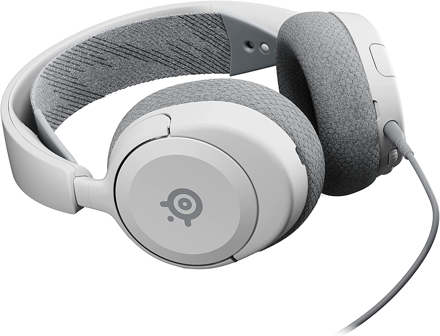 Auriculares para juegos blancos y grises con micrófono, vista en ángulo.