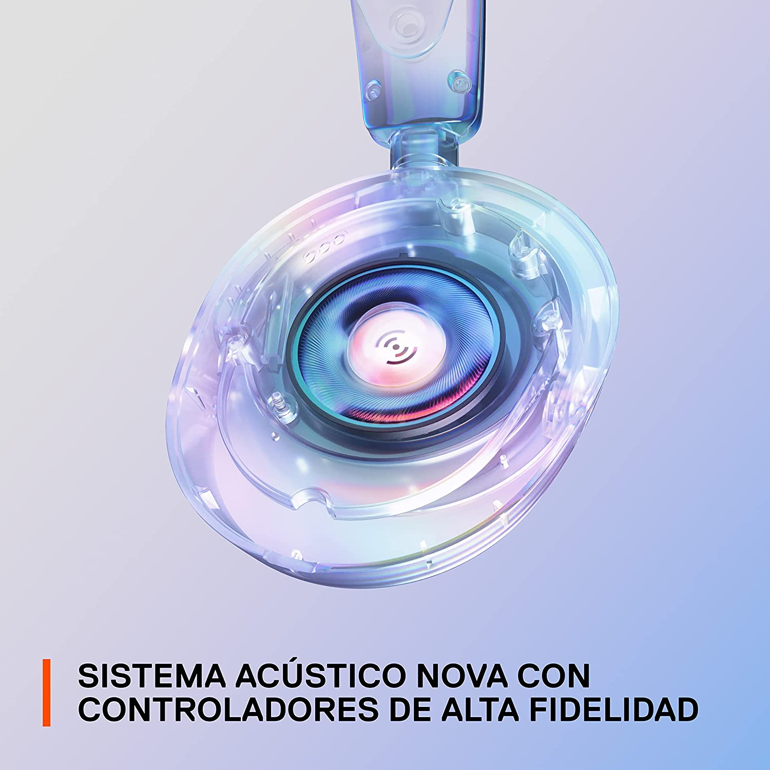 Auriculares transparentes. Componentes internos visibles. Fondo blanco. Texto: 'SISTEMA ACÚSTICO NOVA...'