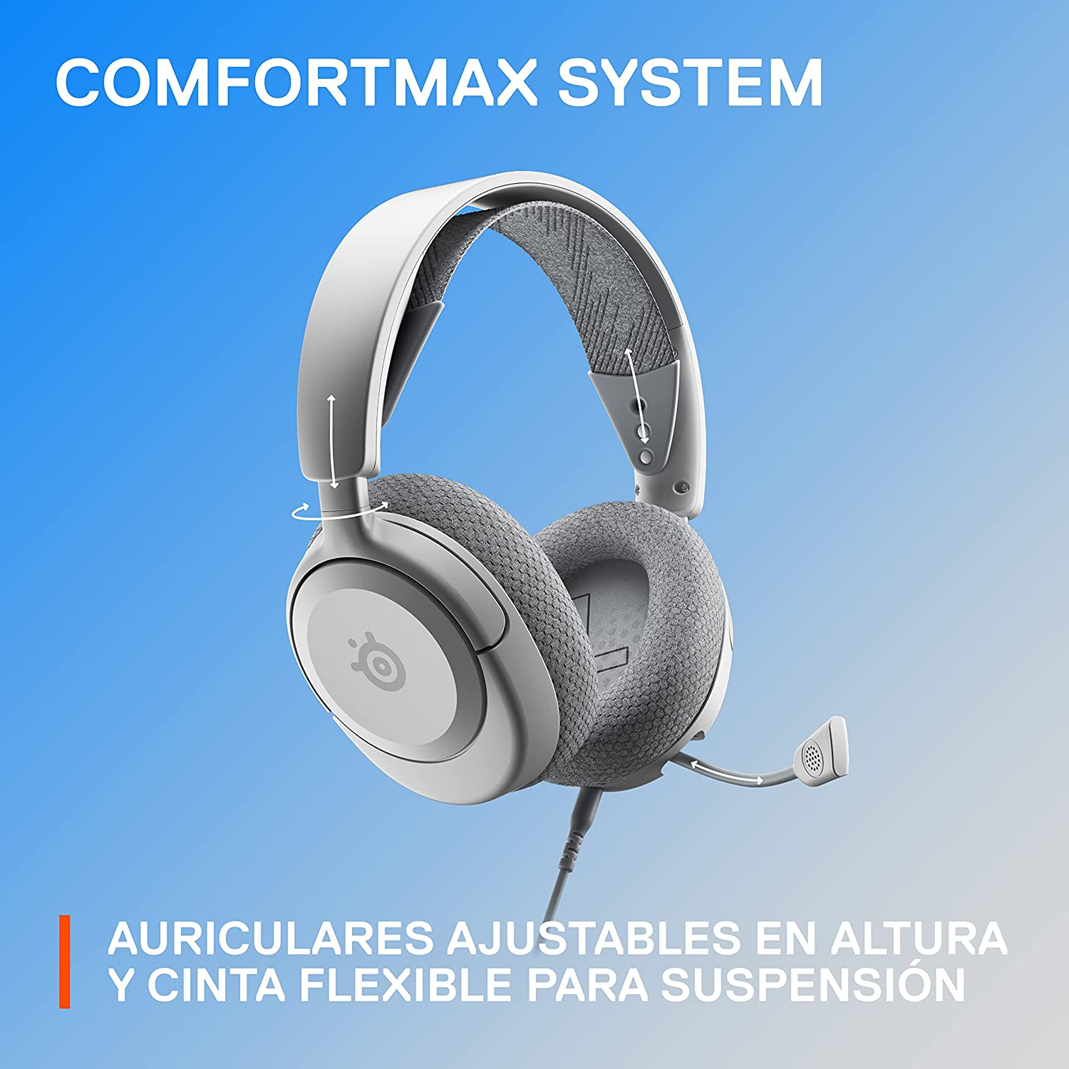 Auriculares blancos y grises con un micrófono flexible. El texto dice Comfortmax System.