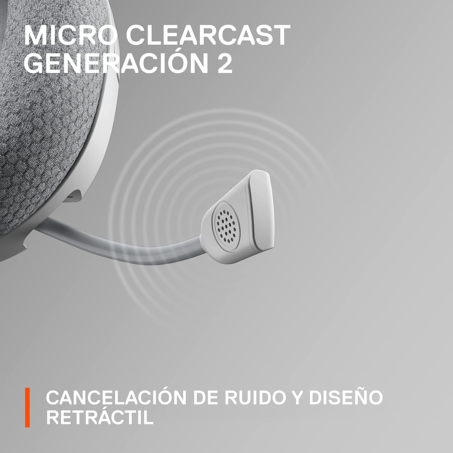 Auriculares blancos y grises con texto Micro Clearcast.