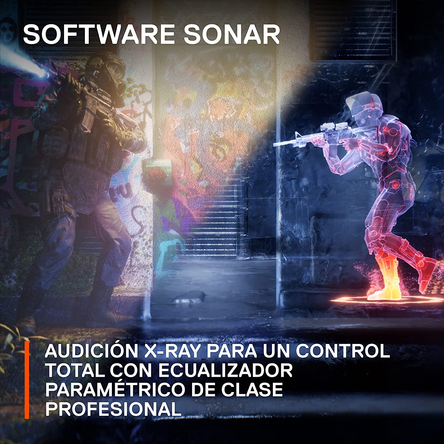 Una escena de juego con un soldado en una habitación oscura, usando un software sonar.