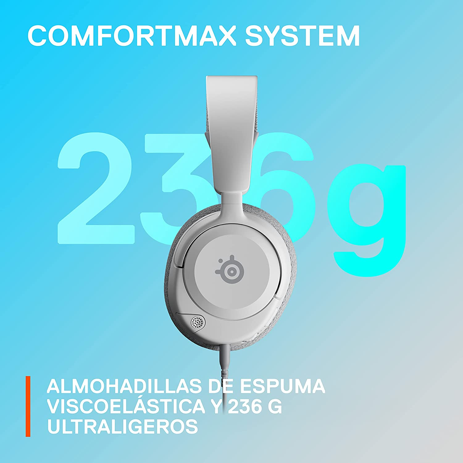 Auriculares blancos con diadema gris, con texto de 236g. Fondo azul.