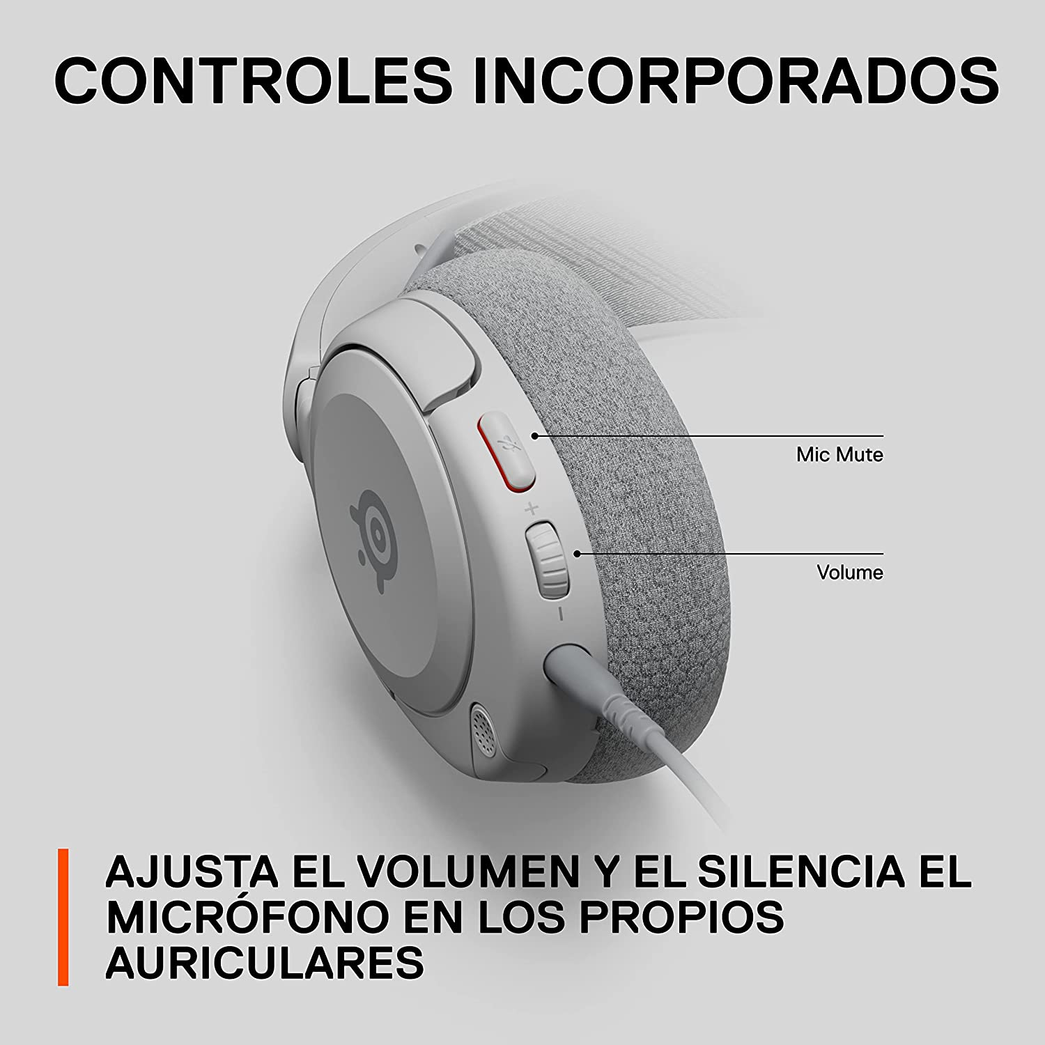 Auriculares con controles de volumen y silencio de micrófono. Texto: Ajusta volumen y silencia micrófono.