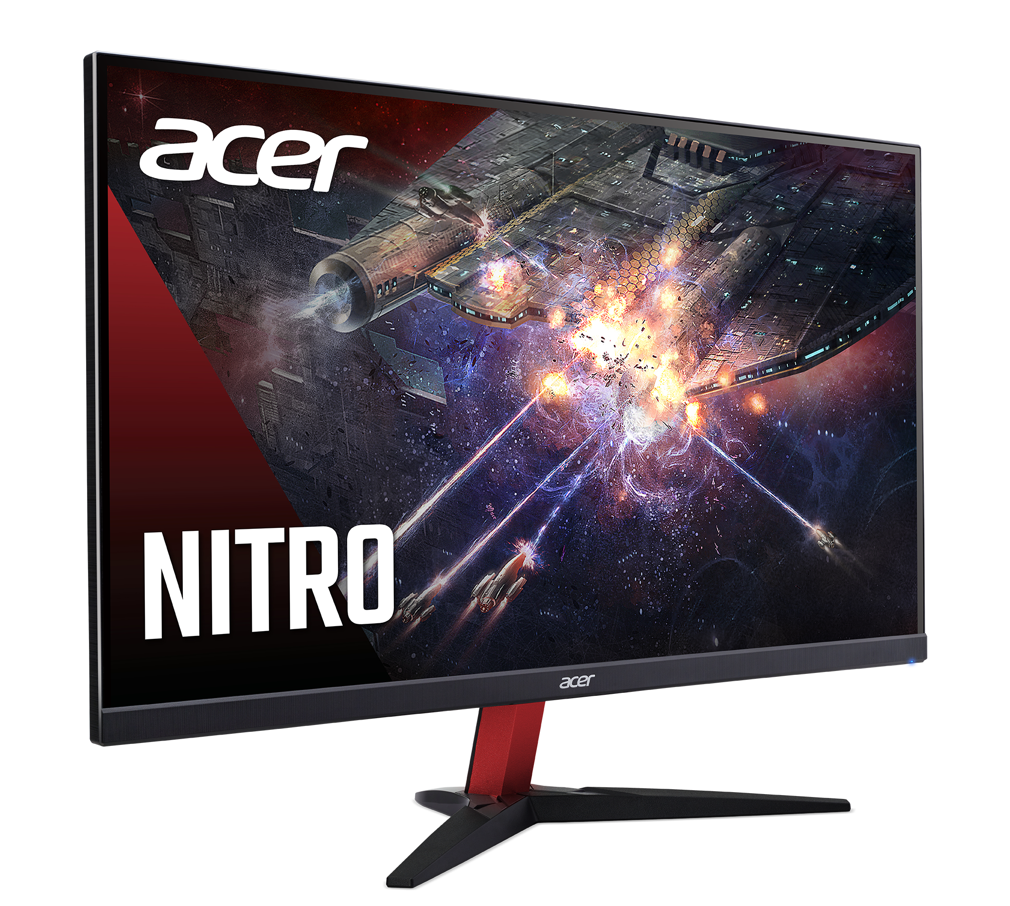 Monitor Acer Nitro mostrando escena de batalla espacial. Soporte rojo y negro.