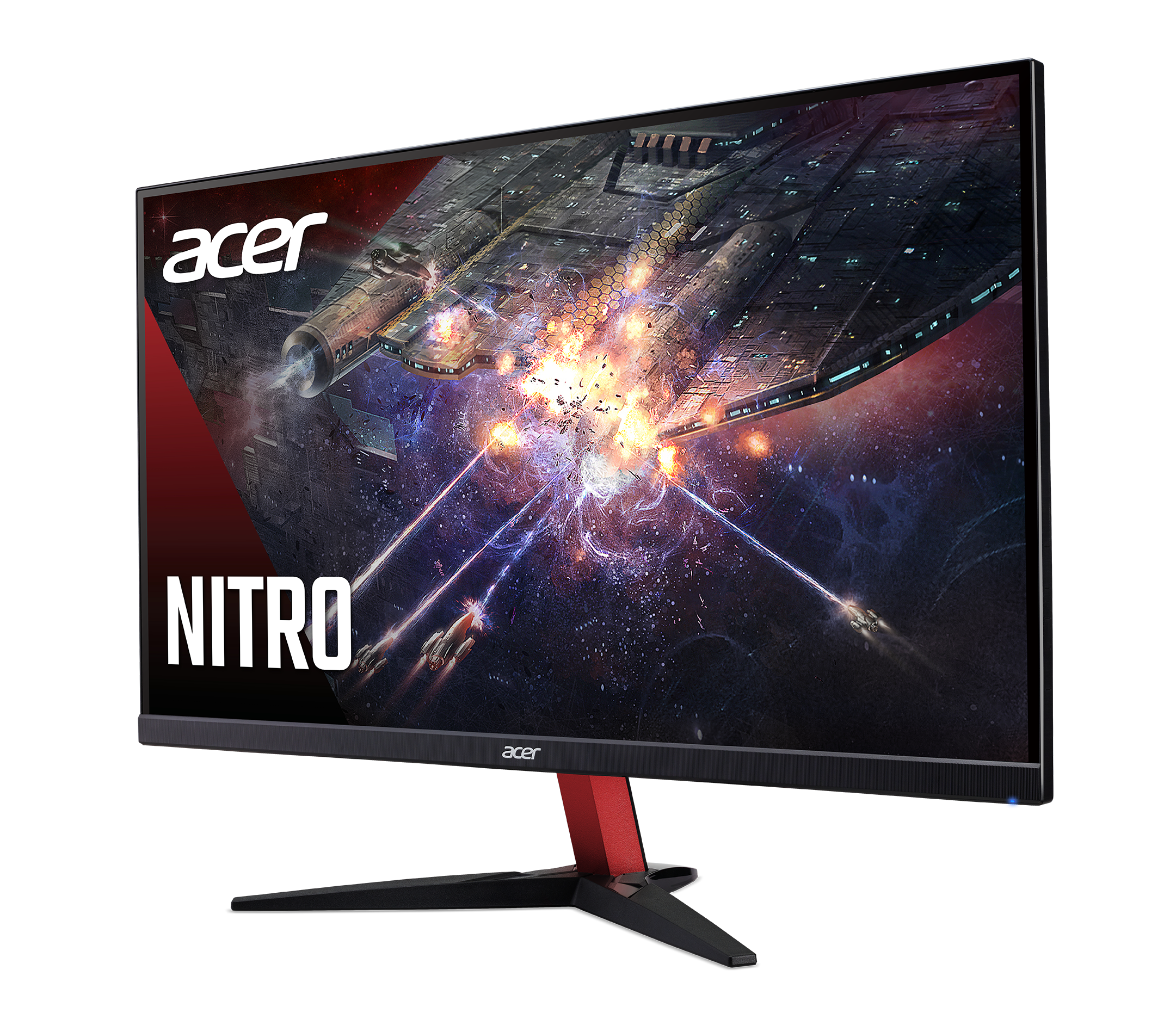 Monitor de juegos que muestra una escena de batalla espacial con un soporte rojo.