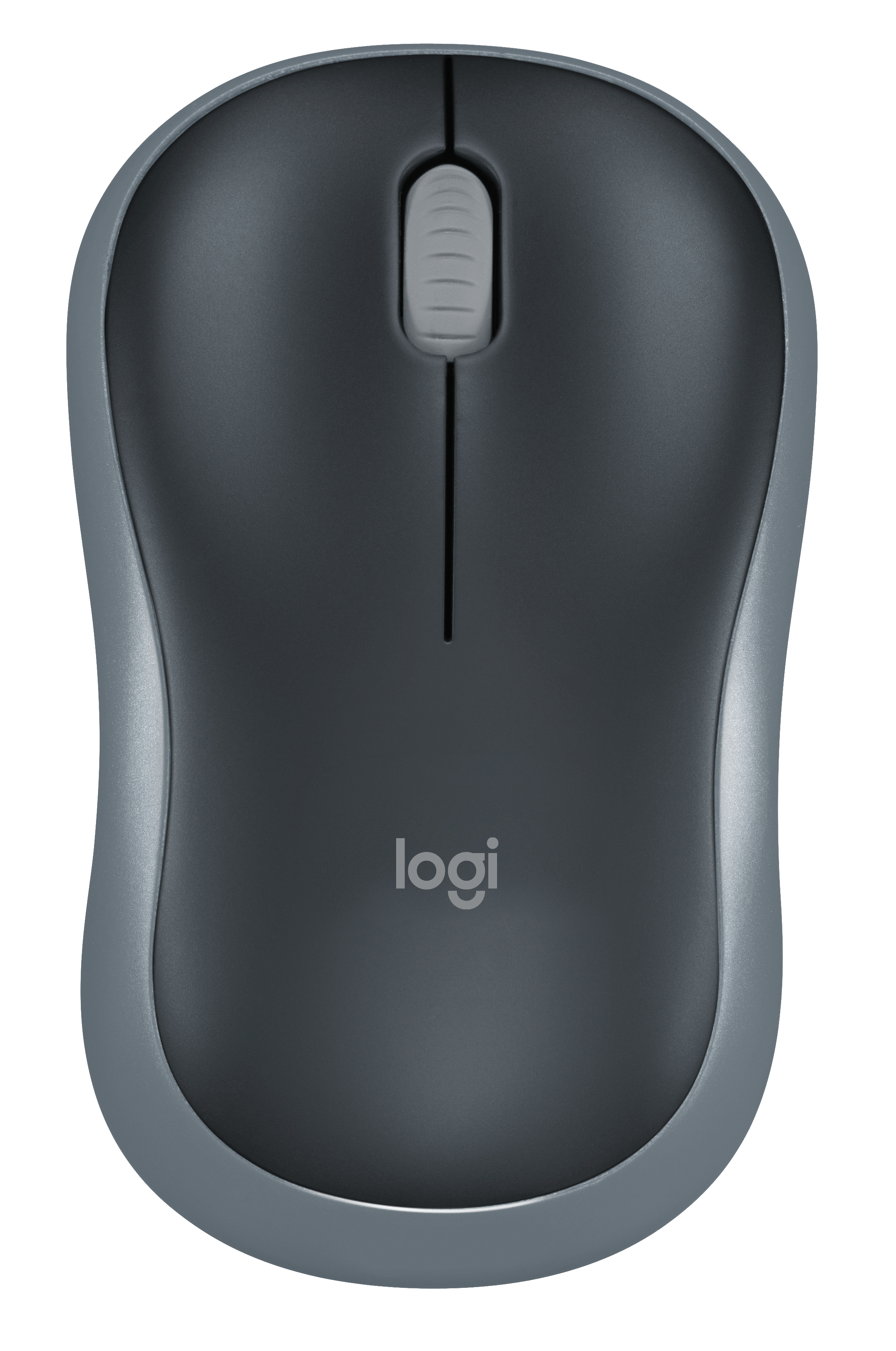 A dark gray Logitech wireless mouse with a silver border and scroll wheel.