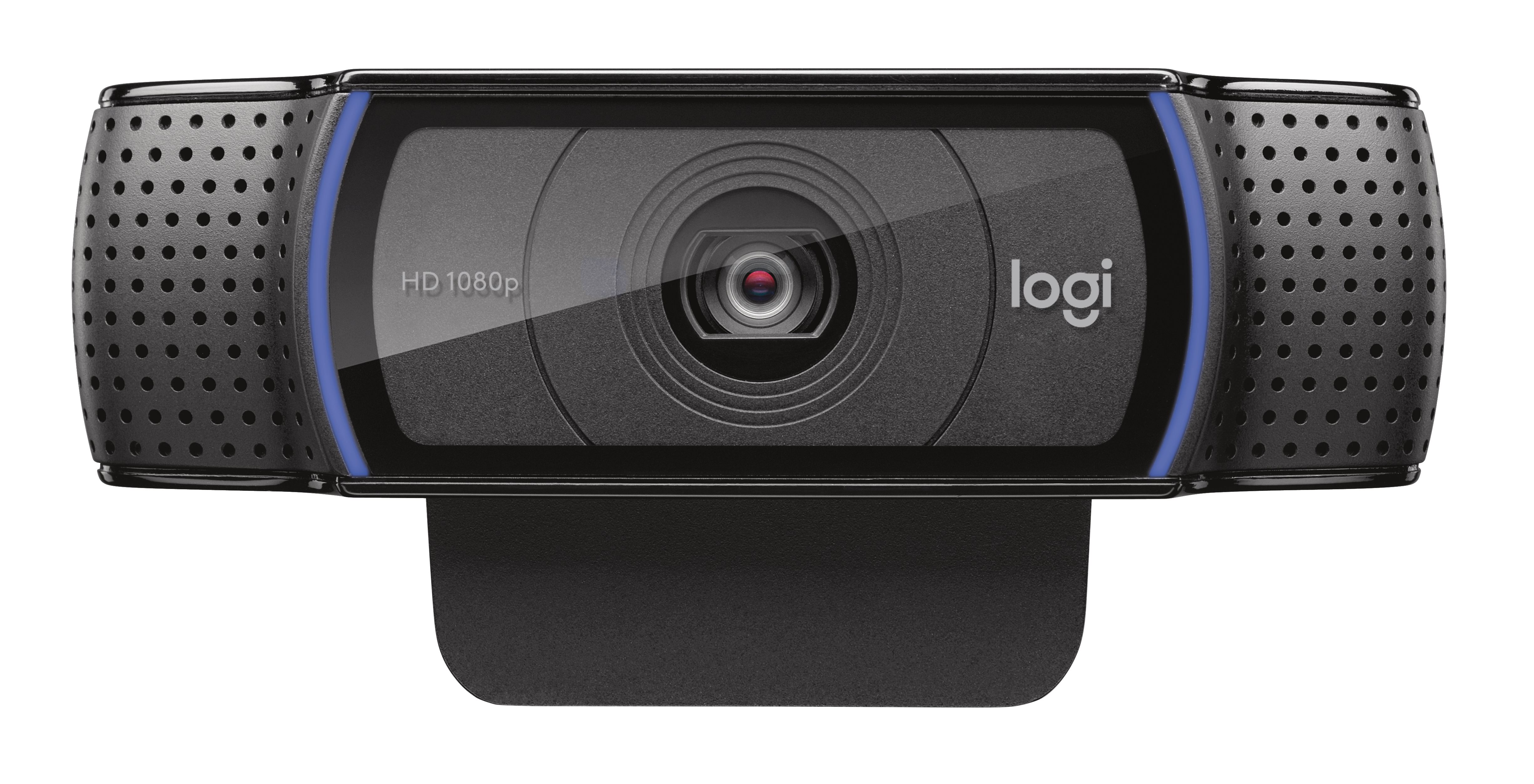 Zwarte Logitech webcam. Blauwe accent rond het lensgebied. Zwarte houder.