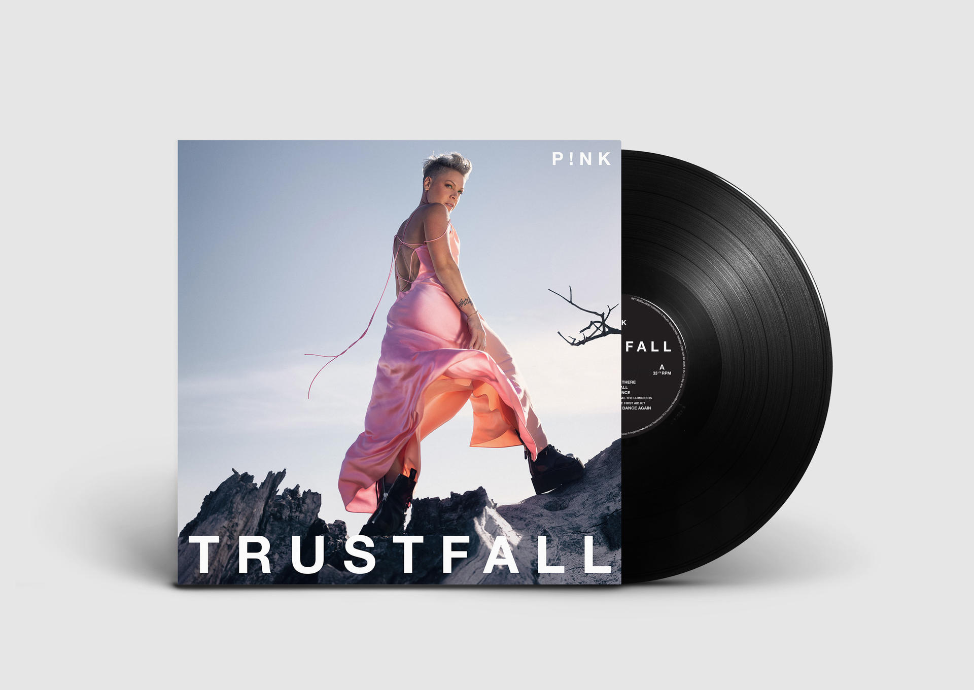 Roze albumhoes met een vrouw en een vinylplaat.