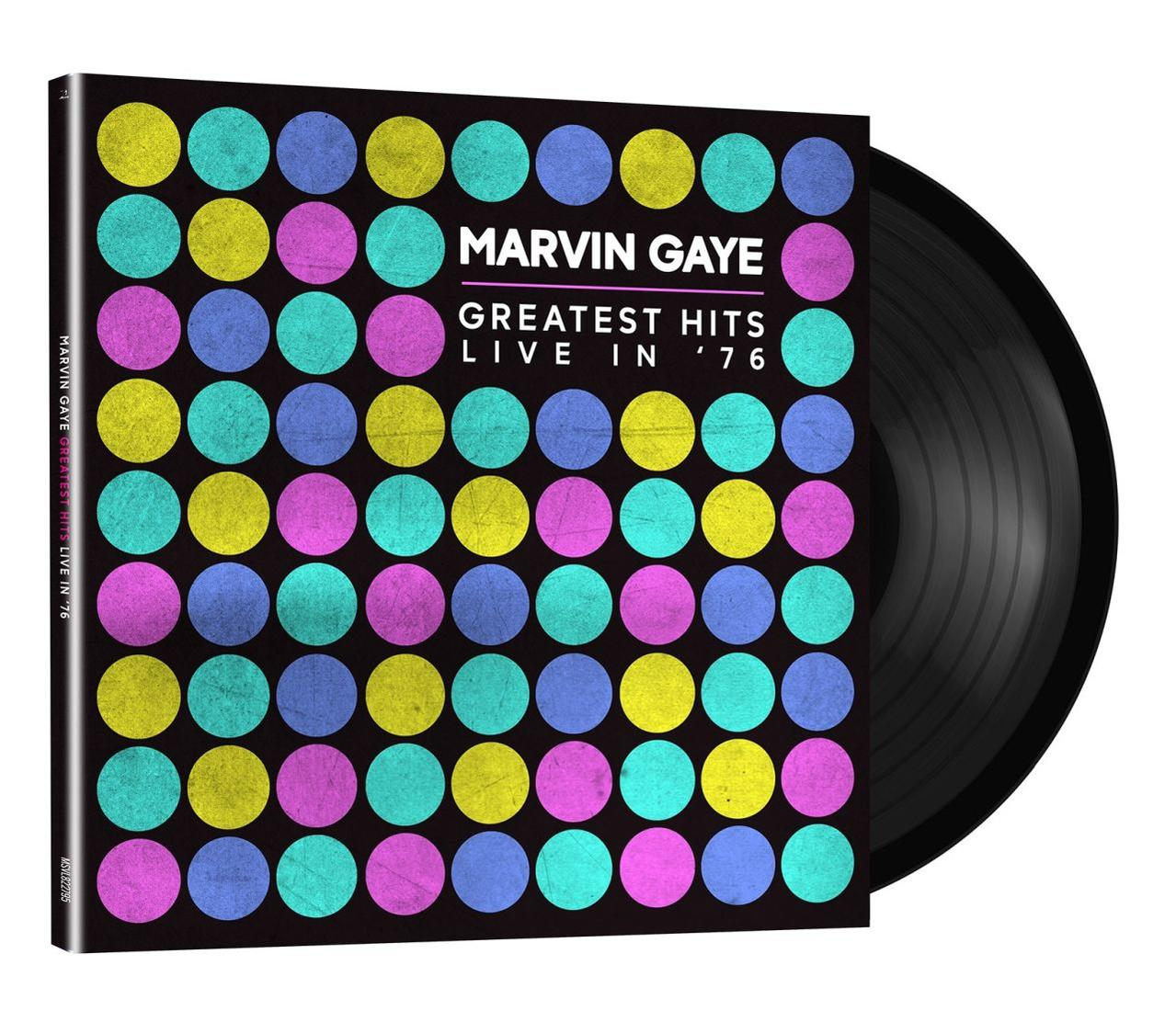 Marvin Gaye albumhoes, zwarte achtergrond, kleurrijke cirkels en vinylplaat rechts.