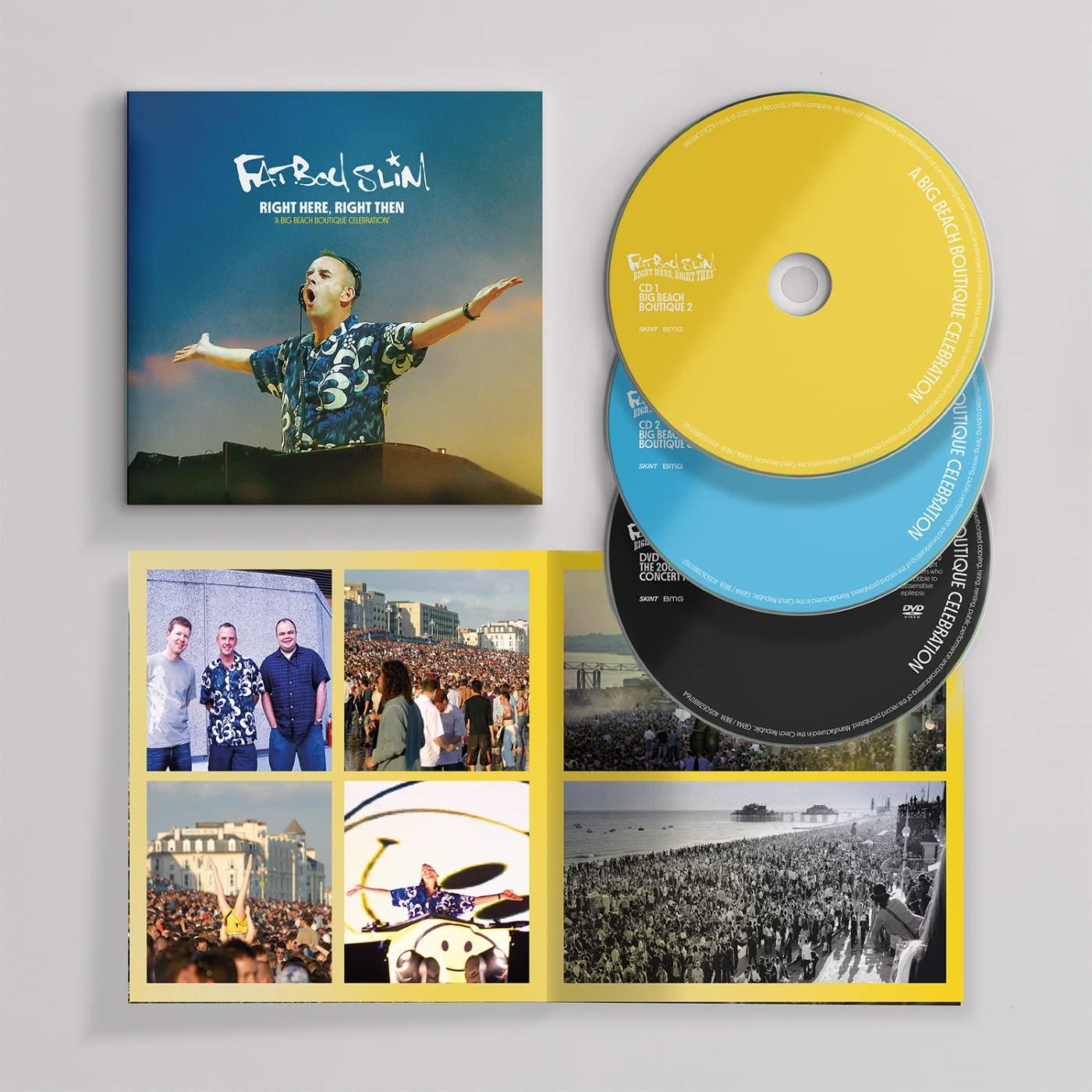 Pochette d'album et CD. L'album présente un homme. Les CD sont jaunes, bleus et noirs. Intérieur : foule.