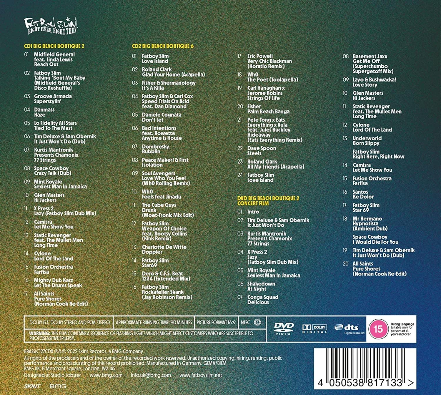 Boîtier DVD avec liste des titres de l'album. Texte sur fond vert. Étiquette et détails.