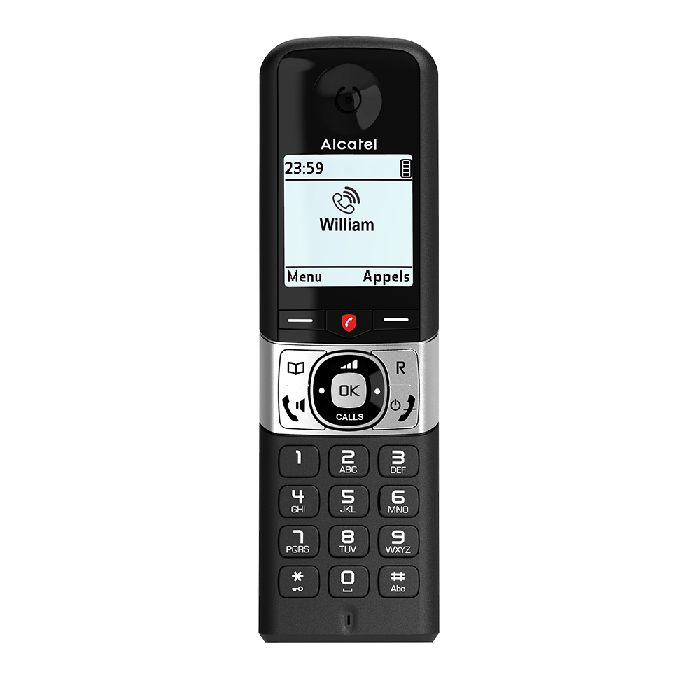 Un teléfono Alcatel negro con una pantalla que muestra una llamada de 'William'. Tiene botones para menú y llamadas.