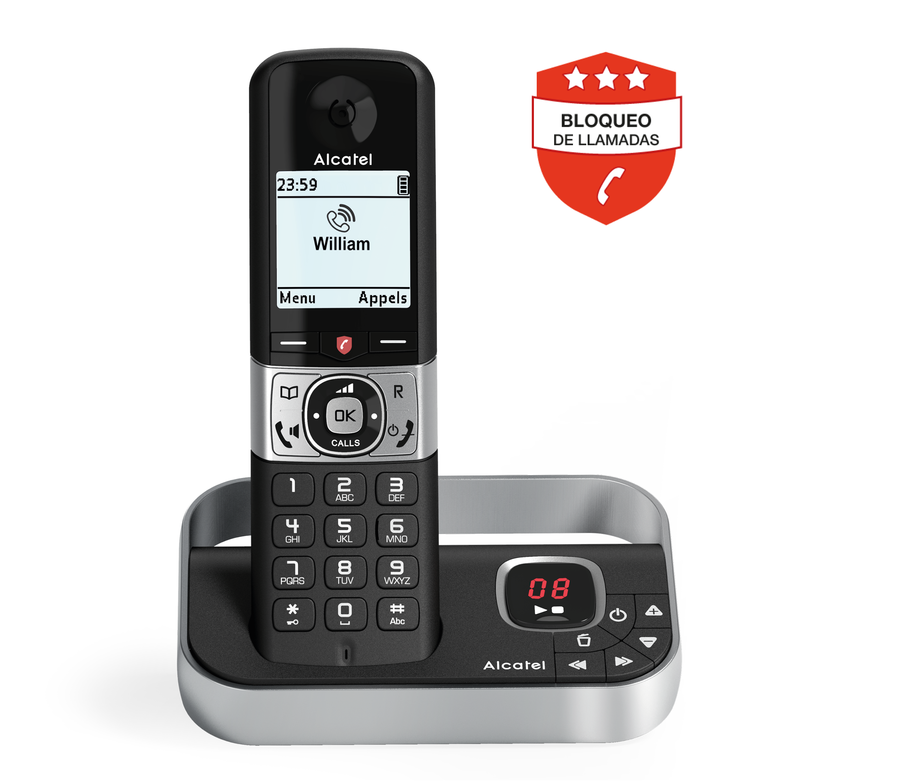 Teléfono inalámbrico Alcatel en su base, con pantalla y emblema de llamadas bloqueadas.
