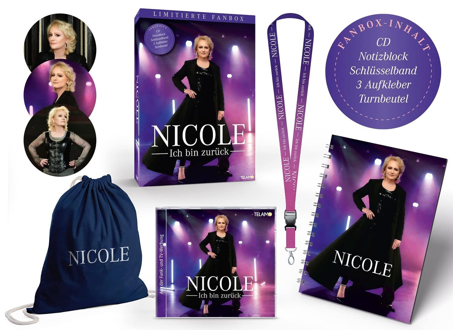 Werbe-Fanbox-Set mit Nicole-Bild, enthält CD, Notizbuch, Schlüsselband, Aufkleber und Tasche.