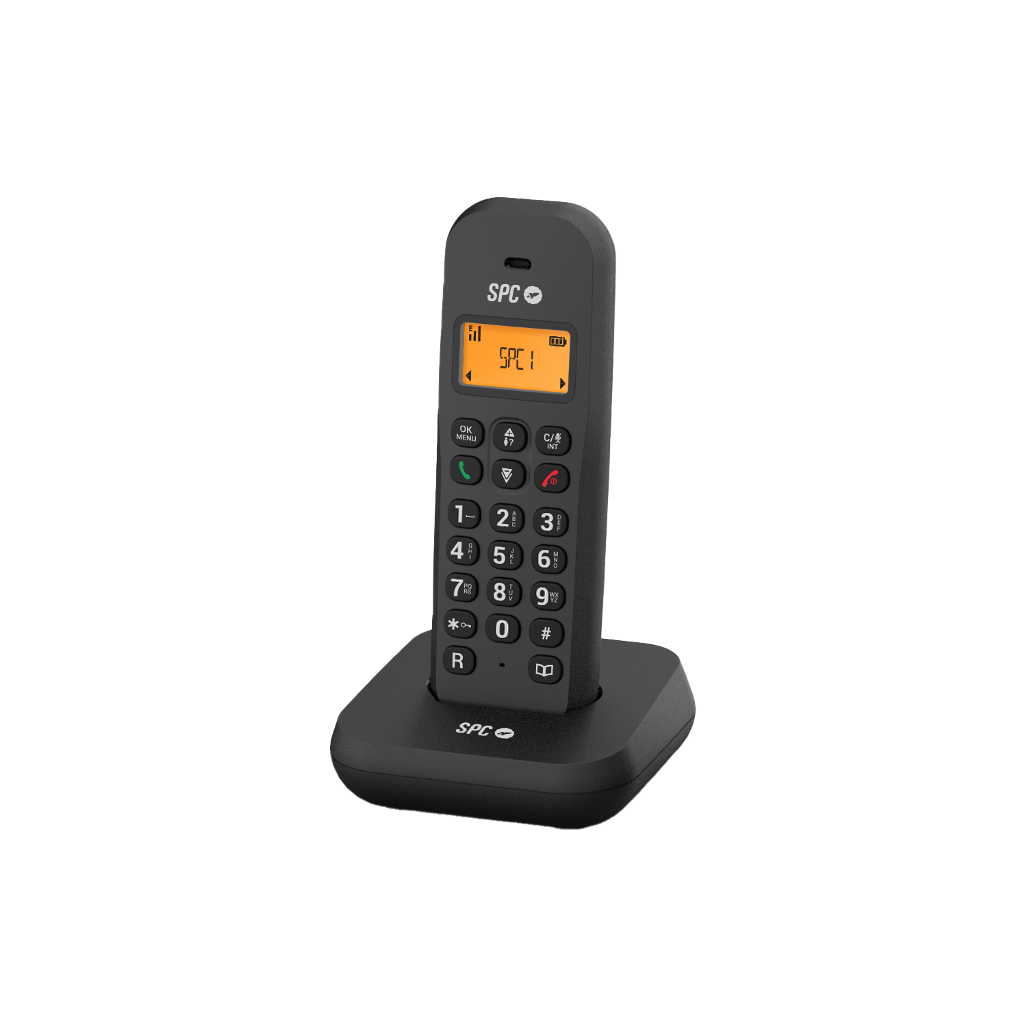 Un teléfono inalámbrico negro con una base sobre un fondo negro.