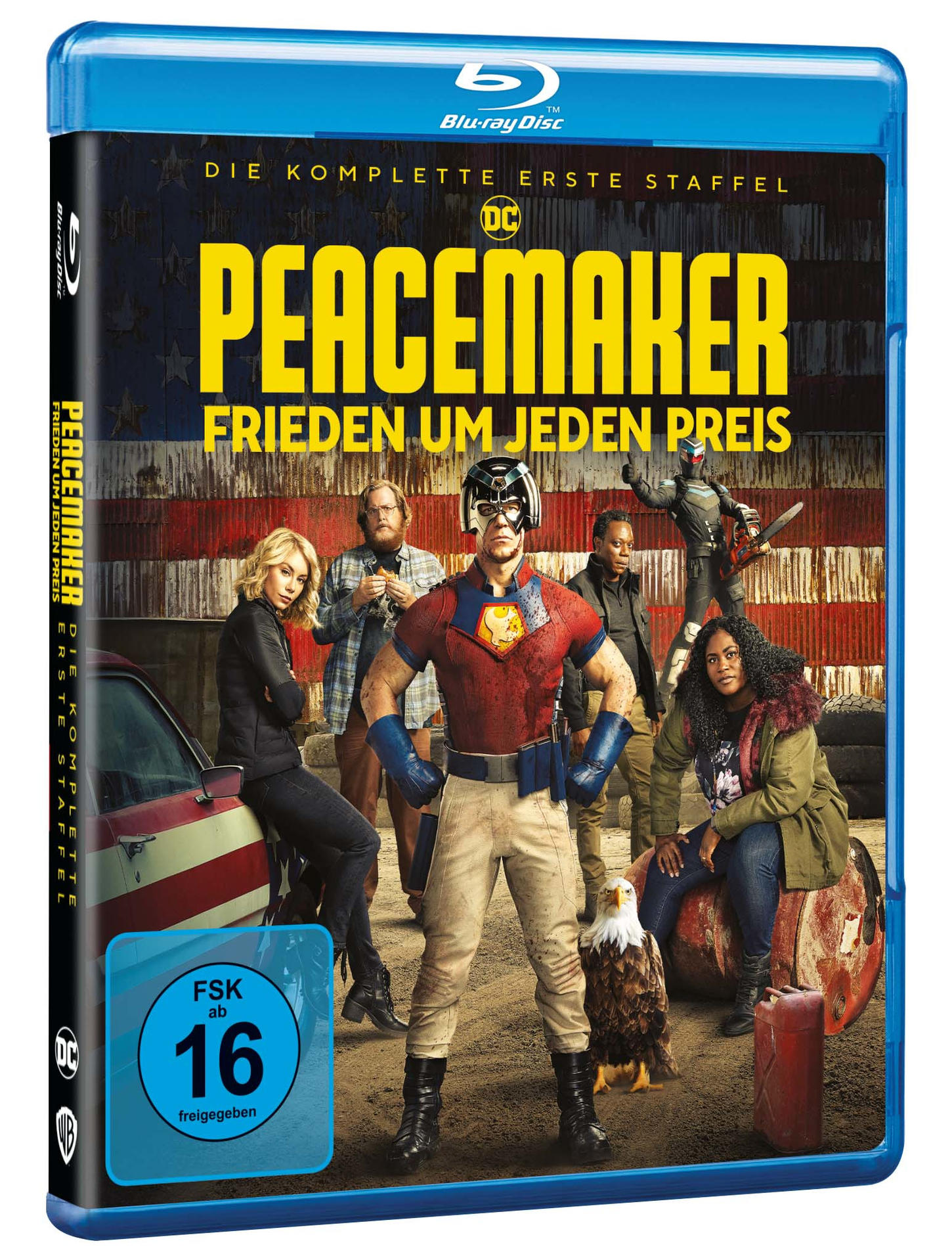 Blu-ray Disc Cover für die 'Peacemaker' Serie, mit Darstellern vor einer amerikanischen Flagge.