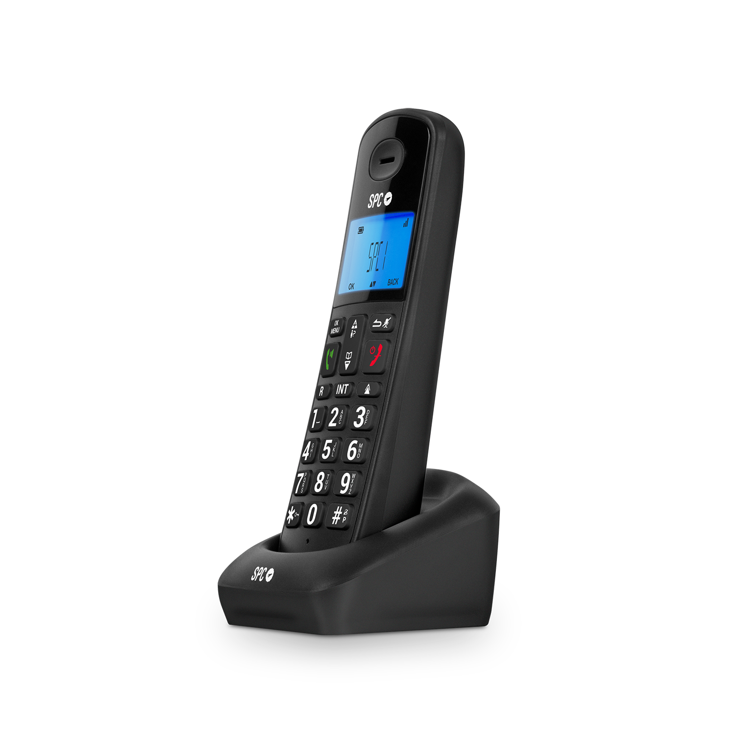 Un teléfono inalámbrico negro en una base de carga, con pantalla azul.