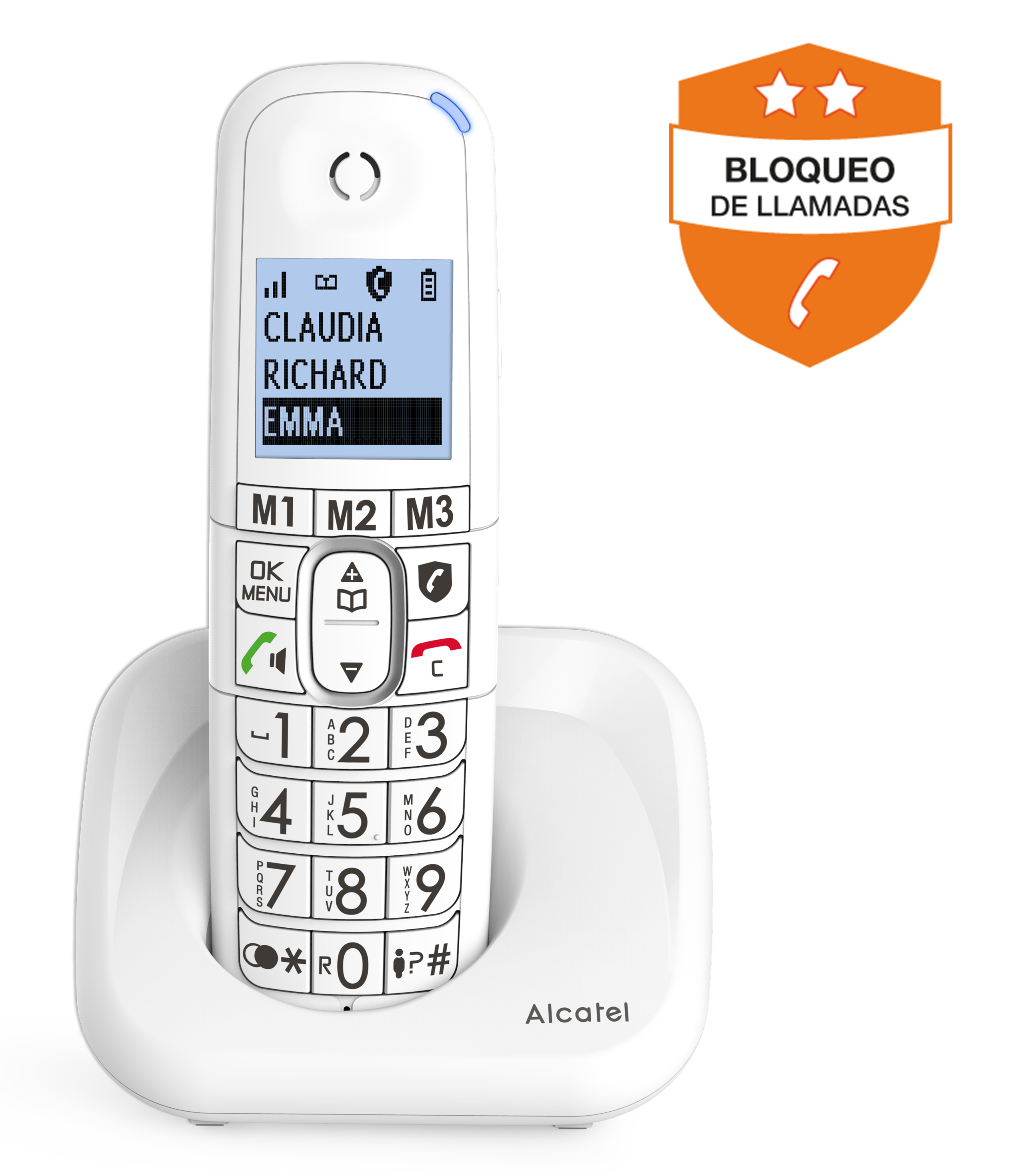 Teléfono inalámbrico blanco en su base. Tiene una pantalla que muestra contactos y una insignia de bloqueo de llamadas.