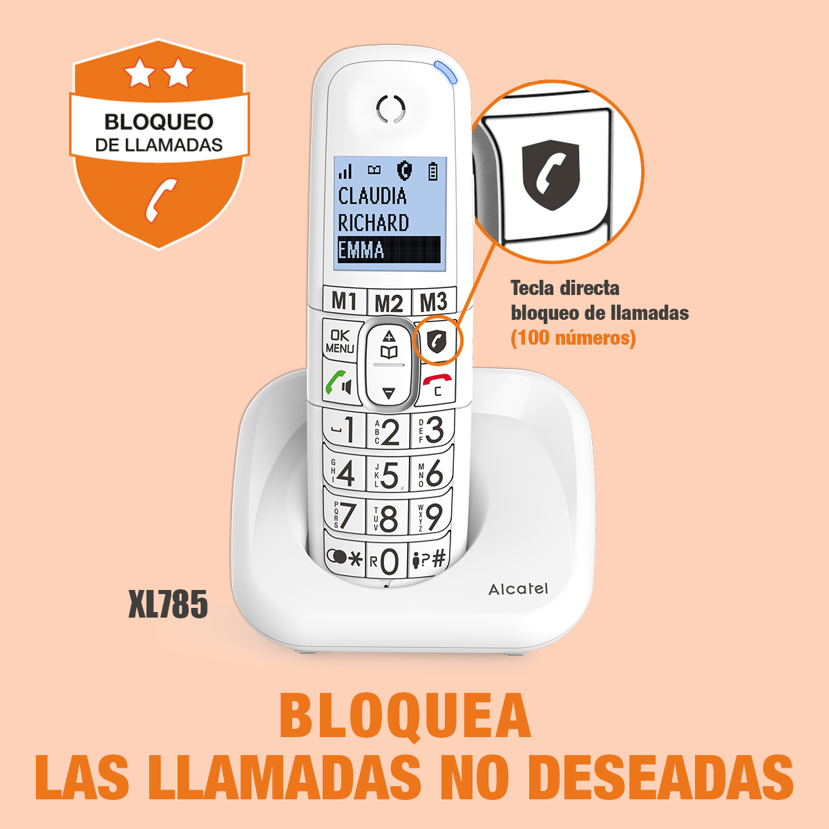 Teléfono inalámbrico Alcatel blanco con base, que muestra botones y una pequeña pantalla.