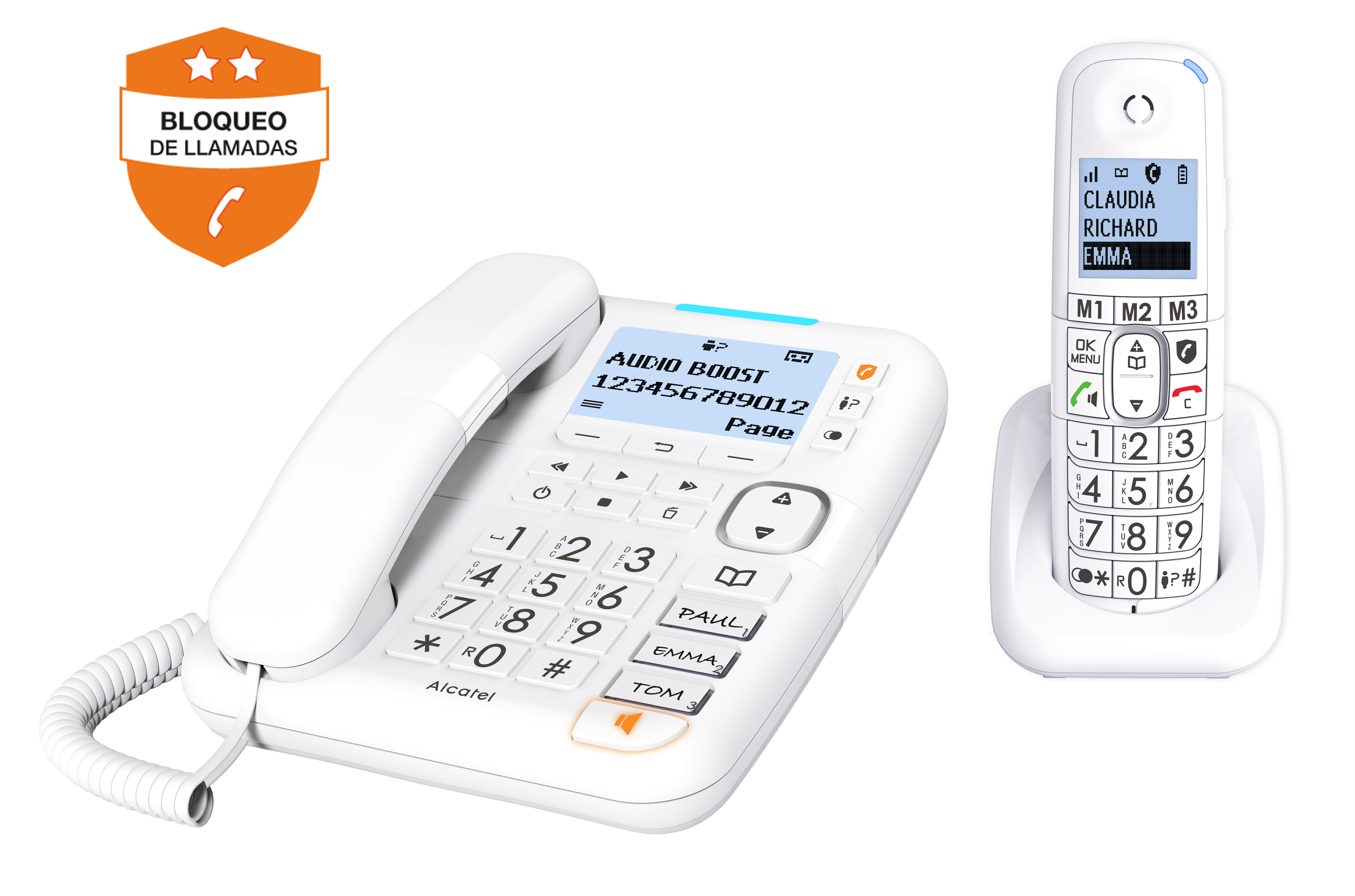 Teléfono fijo blanco y teléfono inalámbrico. Inalámbrico muestra lista de contactos.