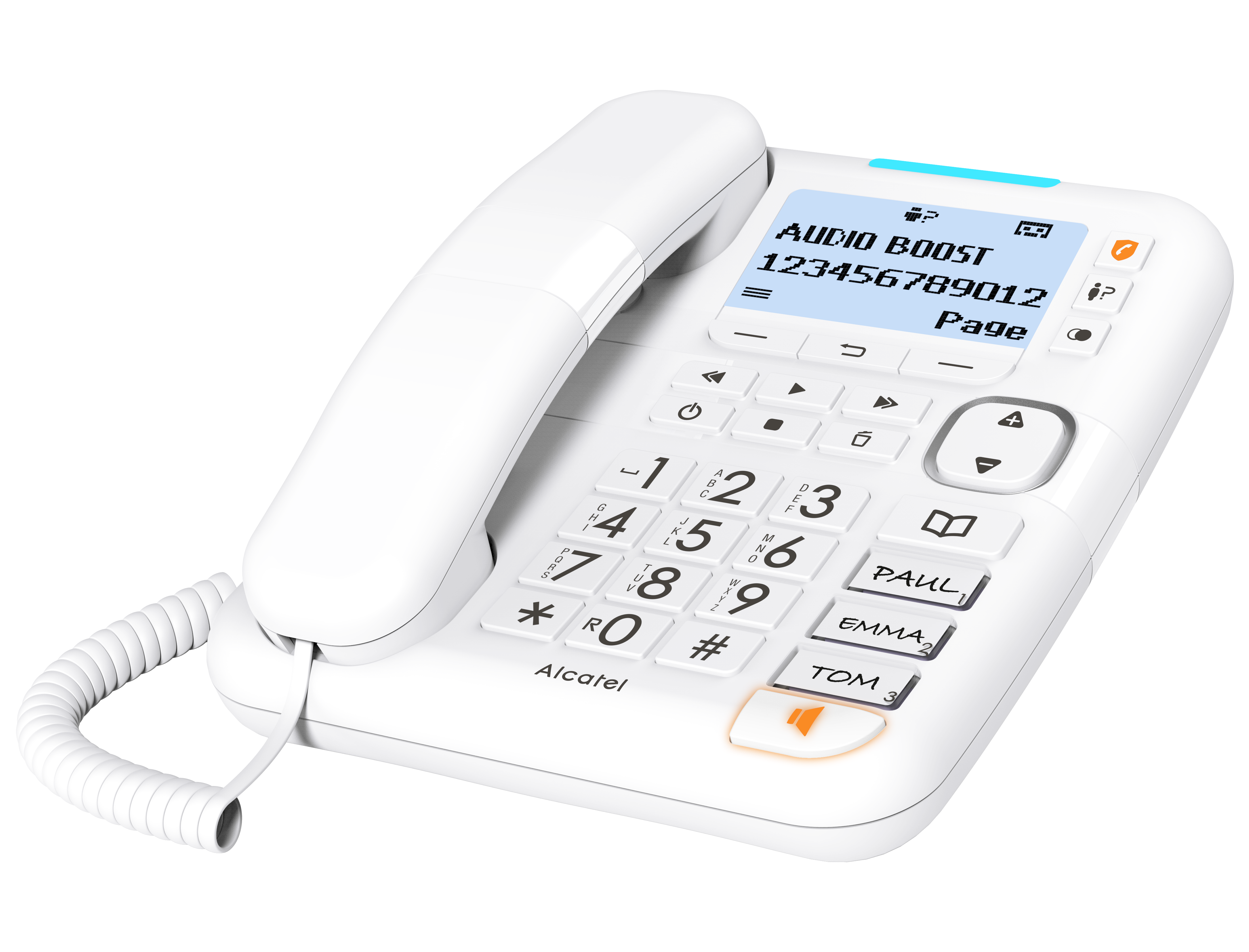 Teléfono fijo Alcatel blanco con pantalla y botones numerados grandes.