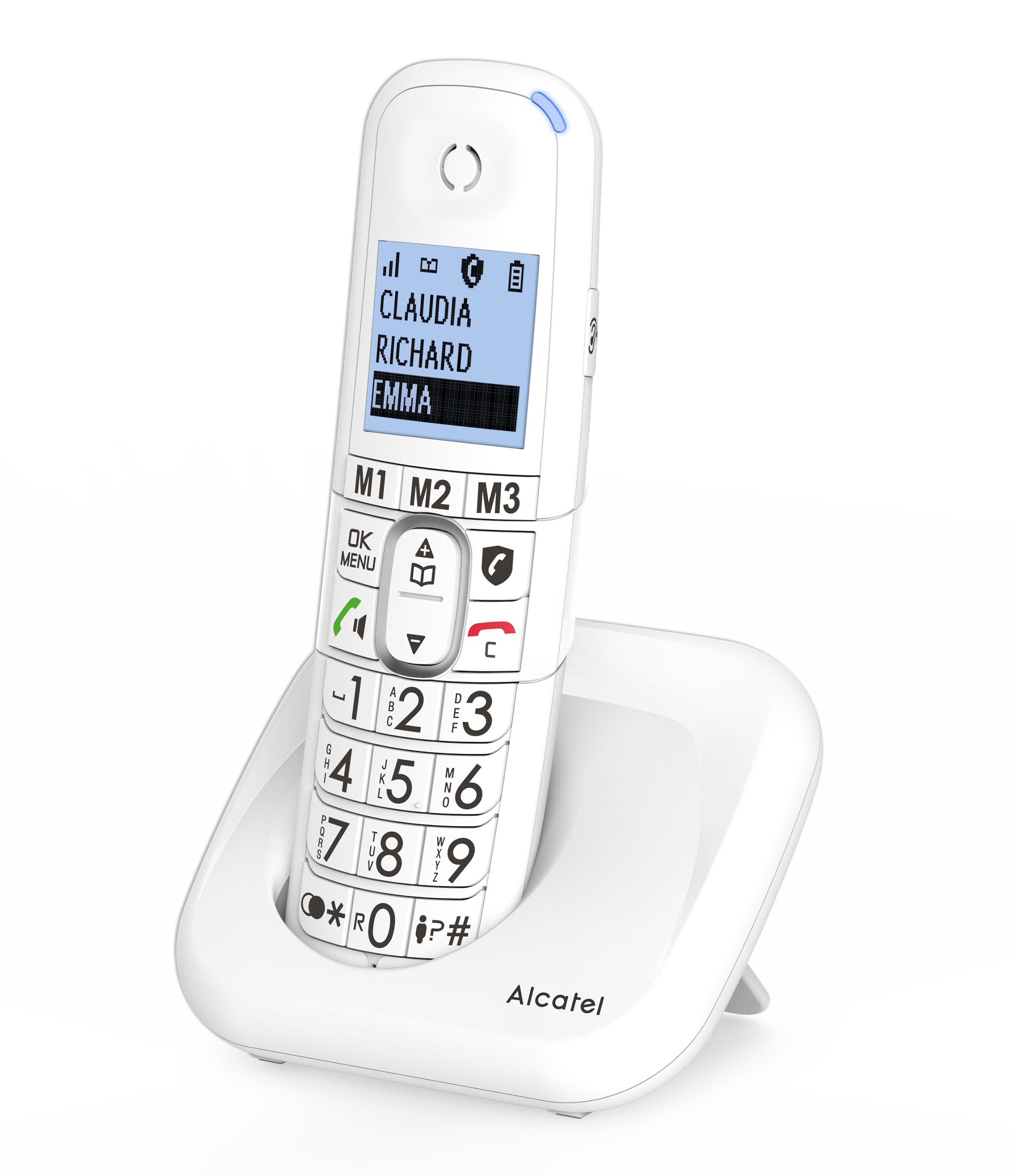 Un teléfono inalámbrico blanco con una pantalla que muestra nombres y una base de carga.