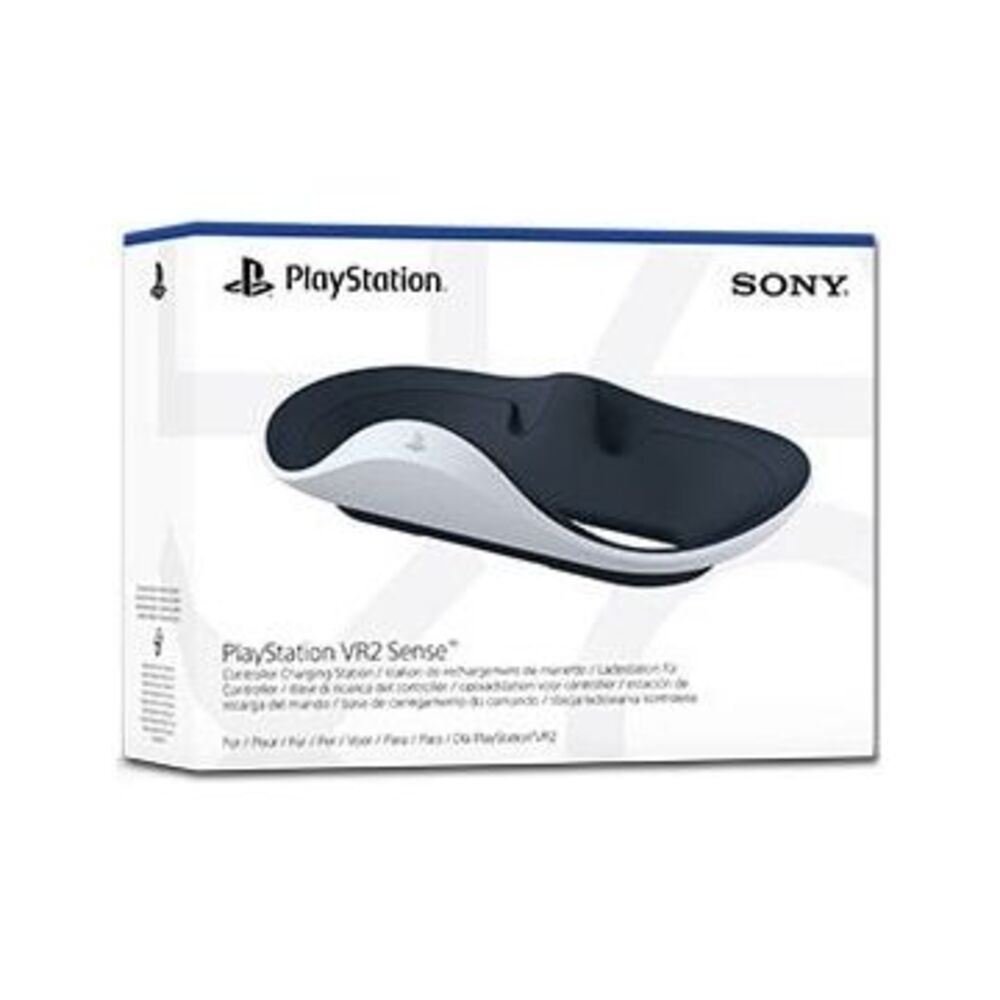 Caja de estación de carga del controlador PlayStation VR2 Sense en blanco y negro, con la marca e imagen del controlador.