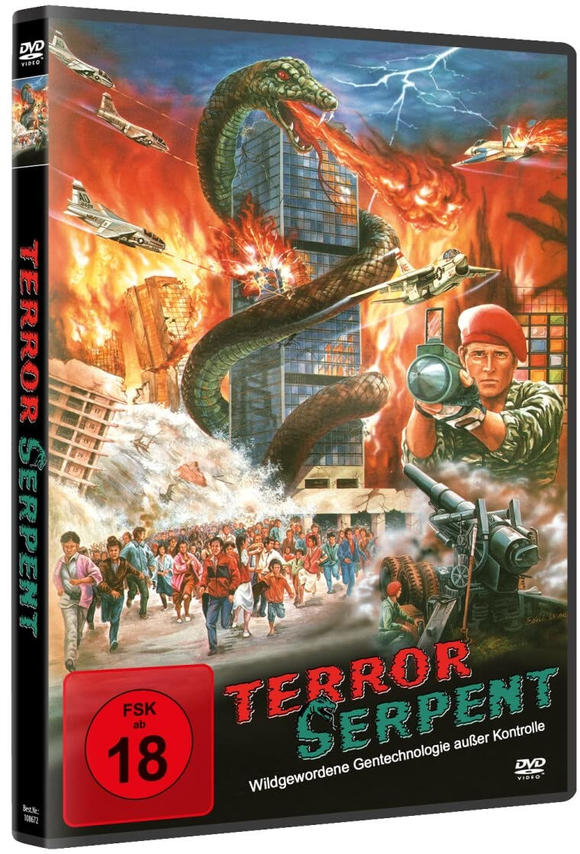 DVD-Hülle für 'Terror Serpent'. Zeigt brennende Stadt, Riesenschlange und Militärfiguren.