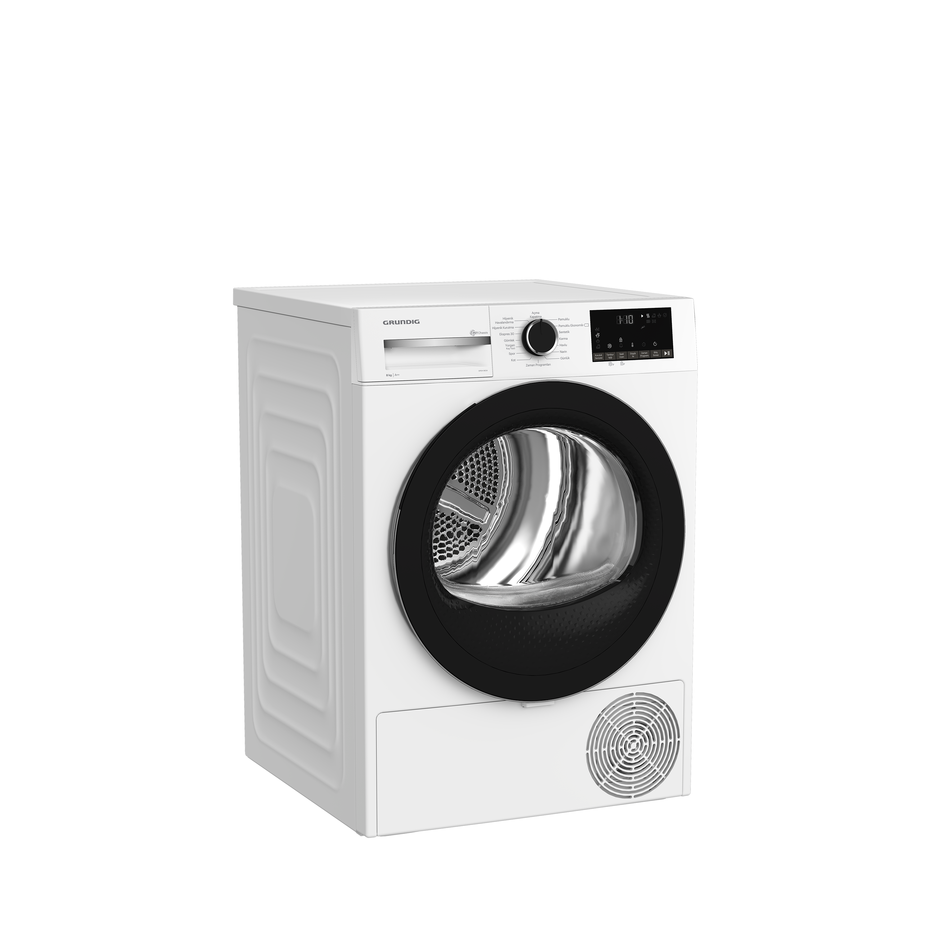 Siyah arka plan üzerinde beyaz Grundig kurutma makinesi. Önden görünüm. Siyah kapı ve havalandırma.
