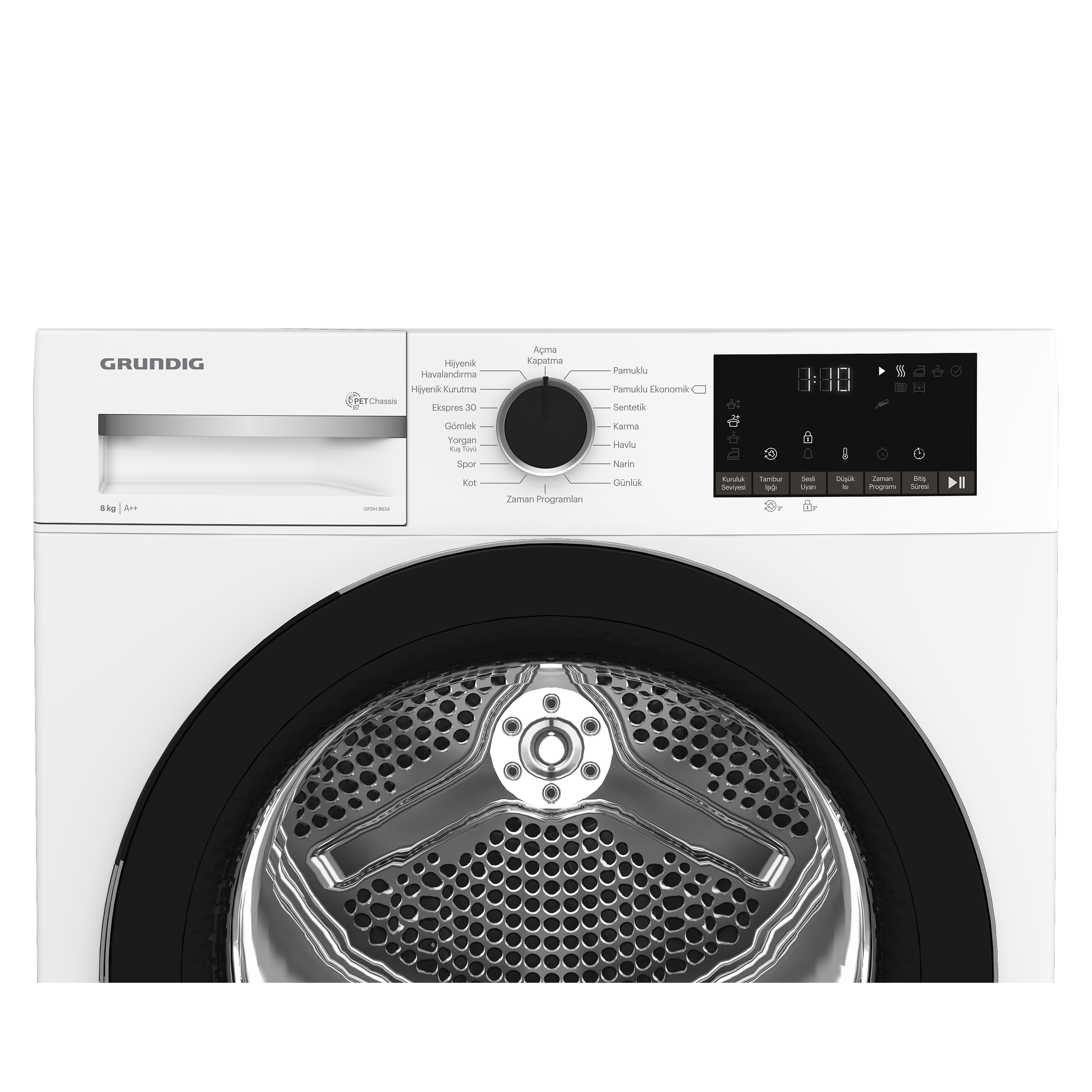 Siyah kapılı beyaz Grundig kurutma makinesinin kontrol panelinin yakın çekimi.