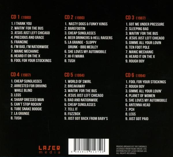 Eine Liste von Songs von 6 CDs, dargestellt in Spalten mit dem Laser Media-Logo unten.