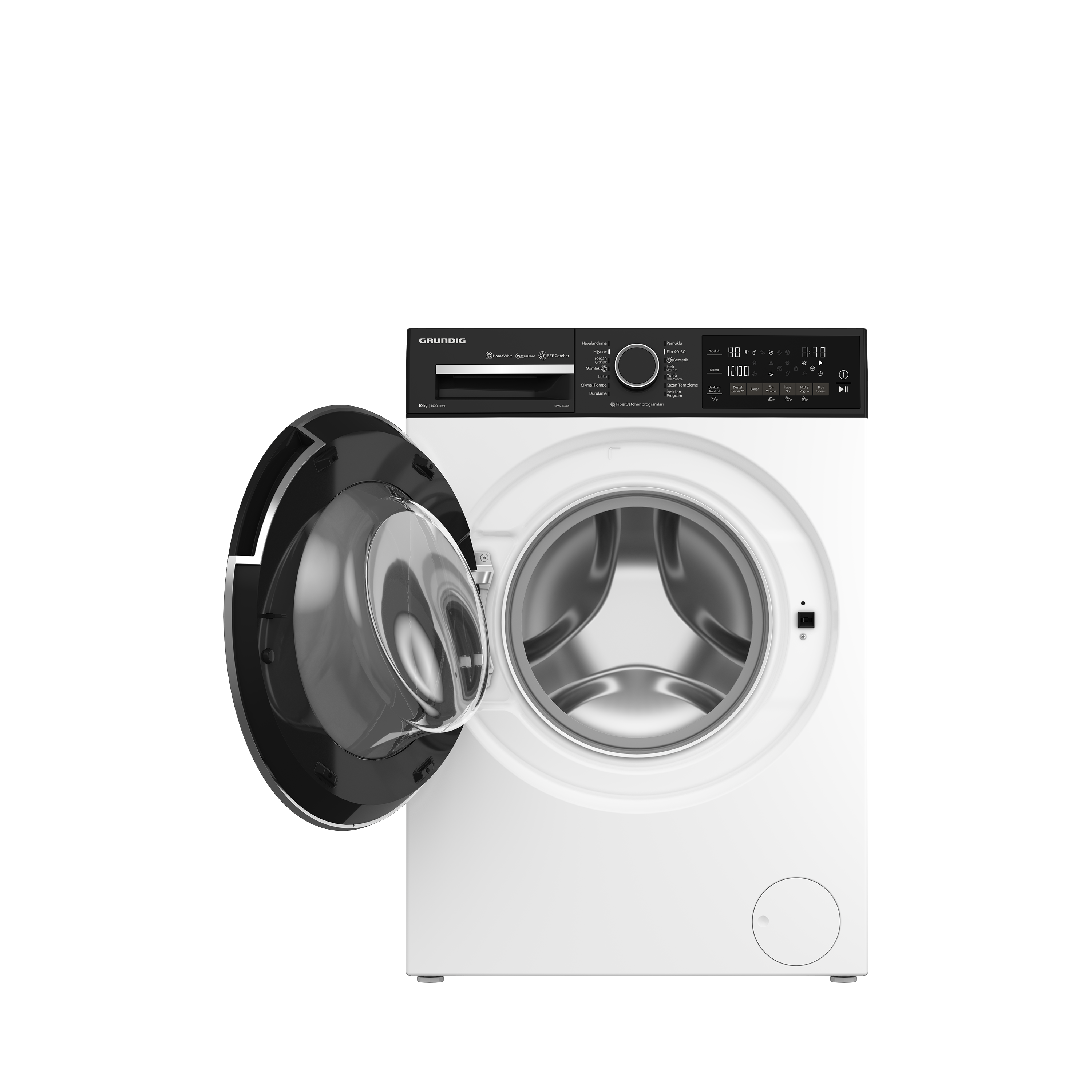 Beyaz bir Grundig çamaşır makinesi, kapısı açık, içini gösteriyor. Makine beyaz.