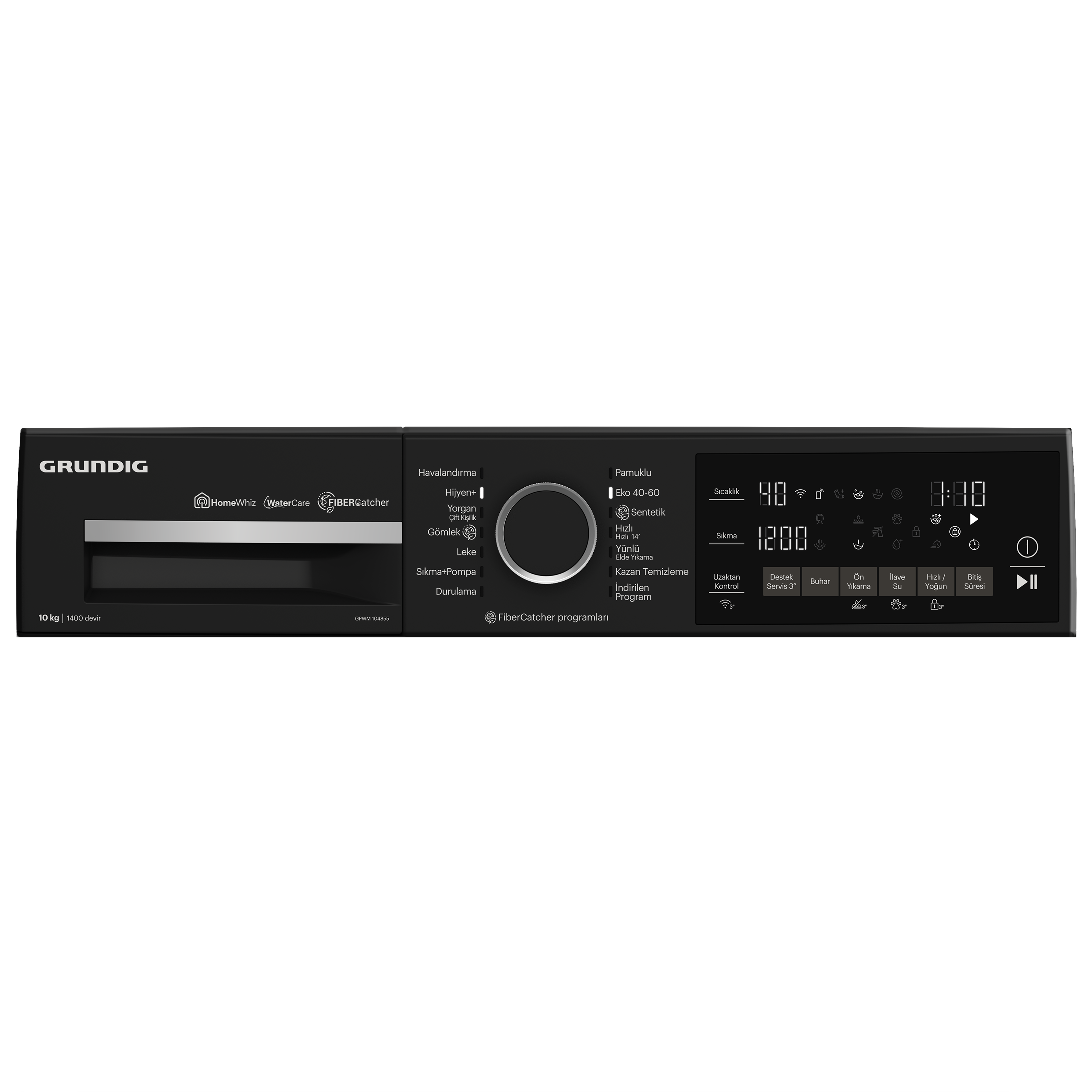 Siyah çamaşır makinesi kontrol paneli, ekran ve düğmelerle. Marka Grundig.