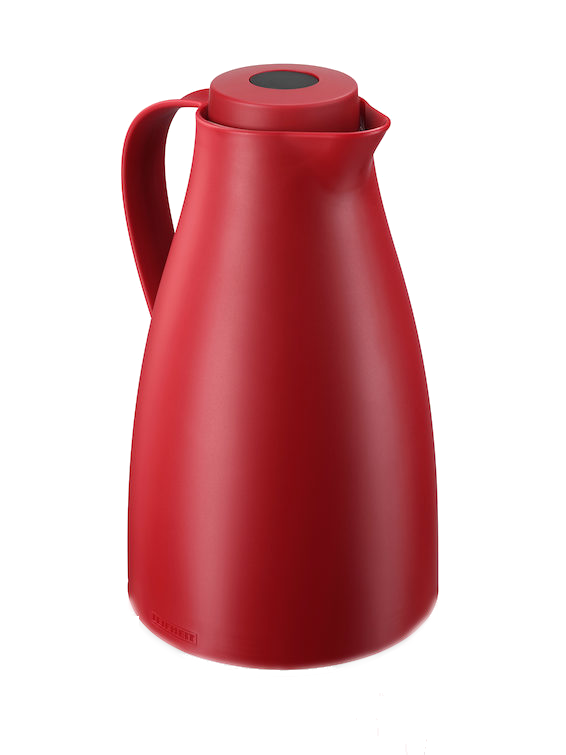 Roter Thermosbehälter, Griff links, schwarzer Deckel. Weißer Hintergrund, Spiegelung.