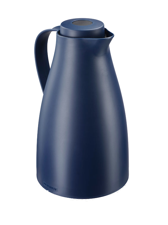 Eine dunkelblaue Thermoskanne mit Griff. Der obere und untere Teil sind hellblau, der Körper ist dunkler.