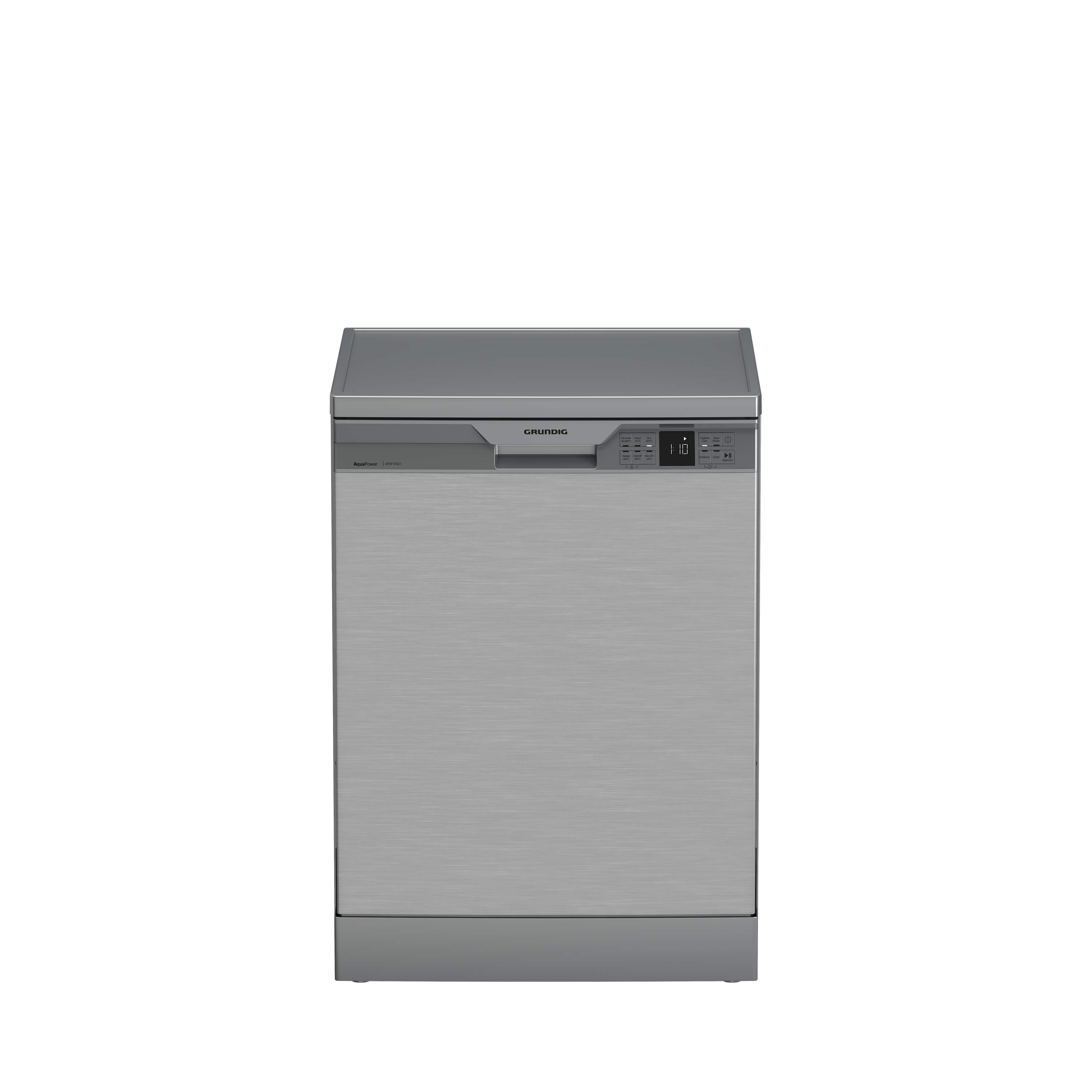 Gümüş renkli Grundig bulaşık makinesi, kontrol paneli ve paslanmaz çelik kapı.